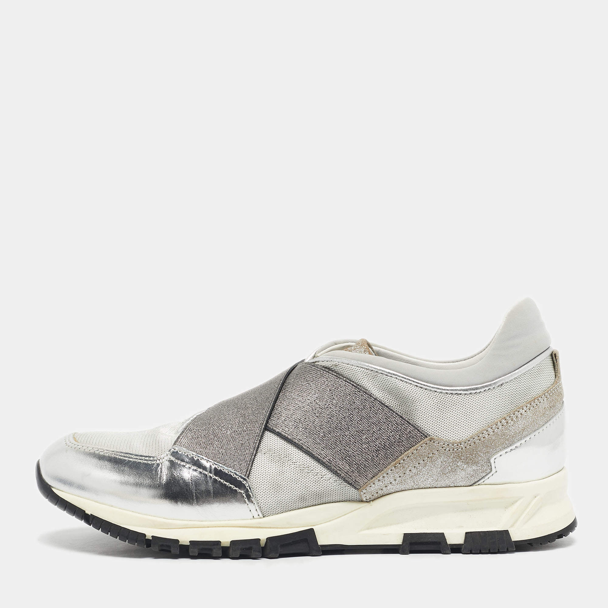 Pre Owned Lanvin Silver Leather and Fabric Cloth Trainer Sneakers Size 38