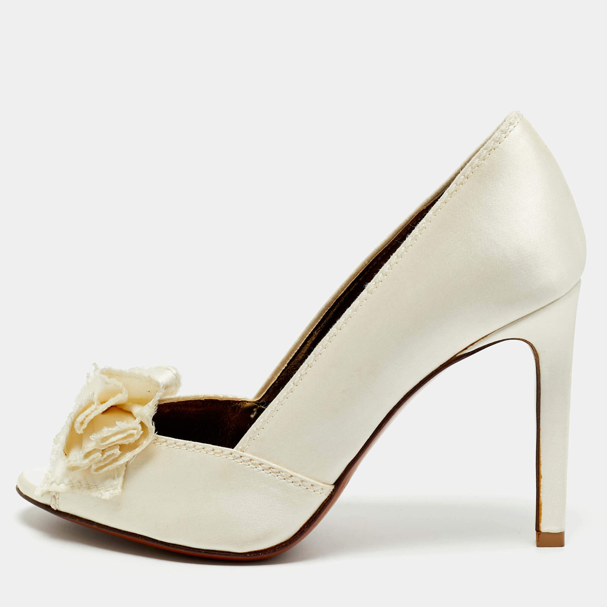 Pre Owned Lanvin White Satin Bow Peep Toe Pumps Size 36.5