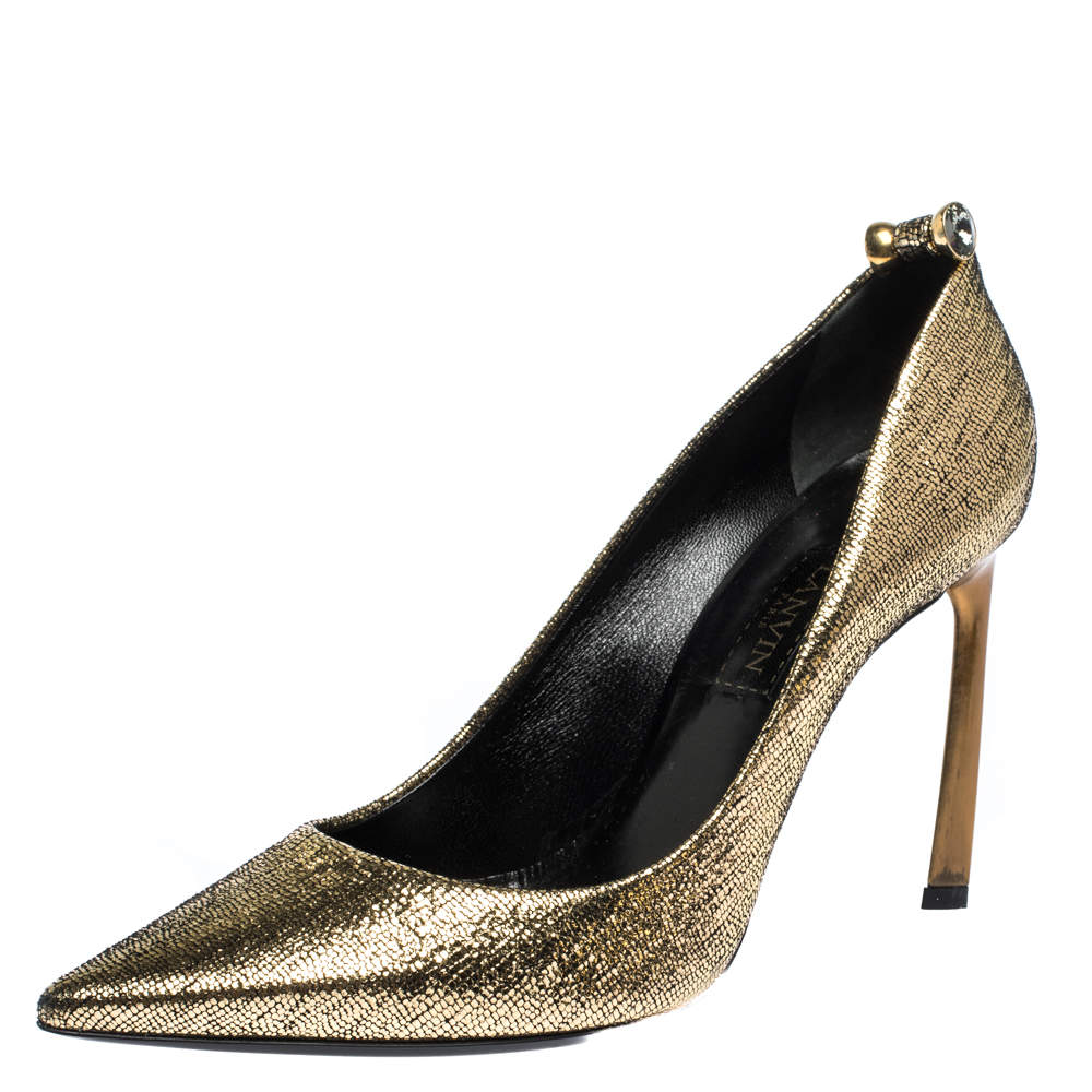 Pre Owned Lanvin Metallic Gold Textured Leather Pointed Toe Pumps Size 37.5
