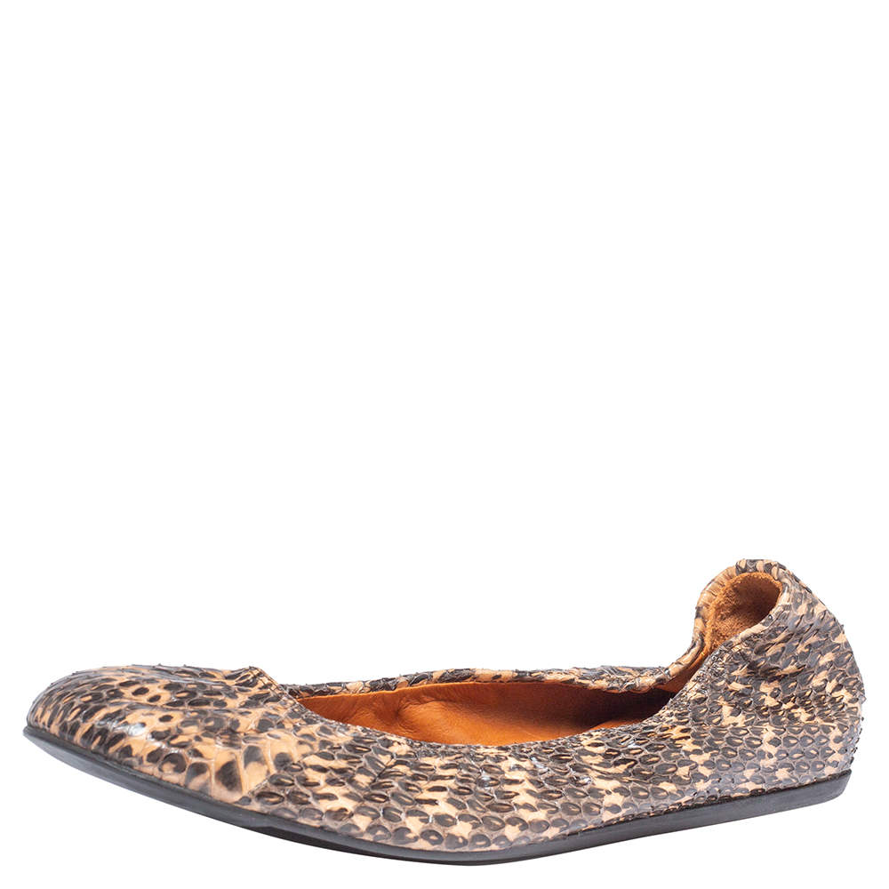 Pre Owned Lanvin Black/Beige Python Embossed Leather Scrunch Ballet Flats Size 39