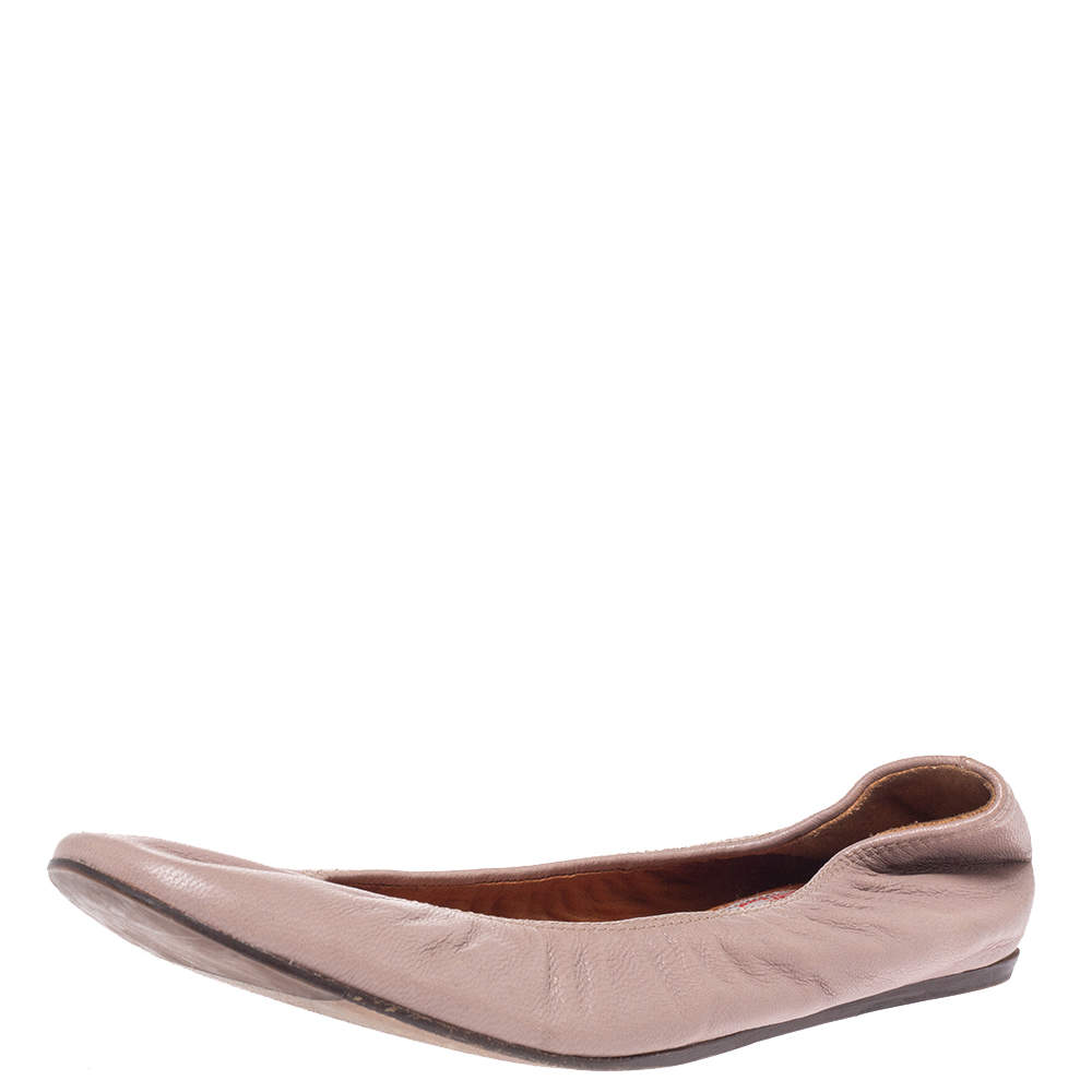 Pre Owned Lanvin Grey Leather Scrunch Ballet Flats Size 39.5