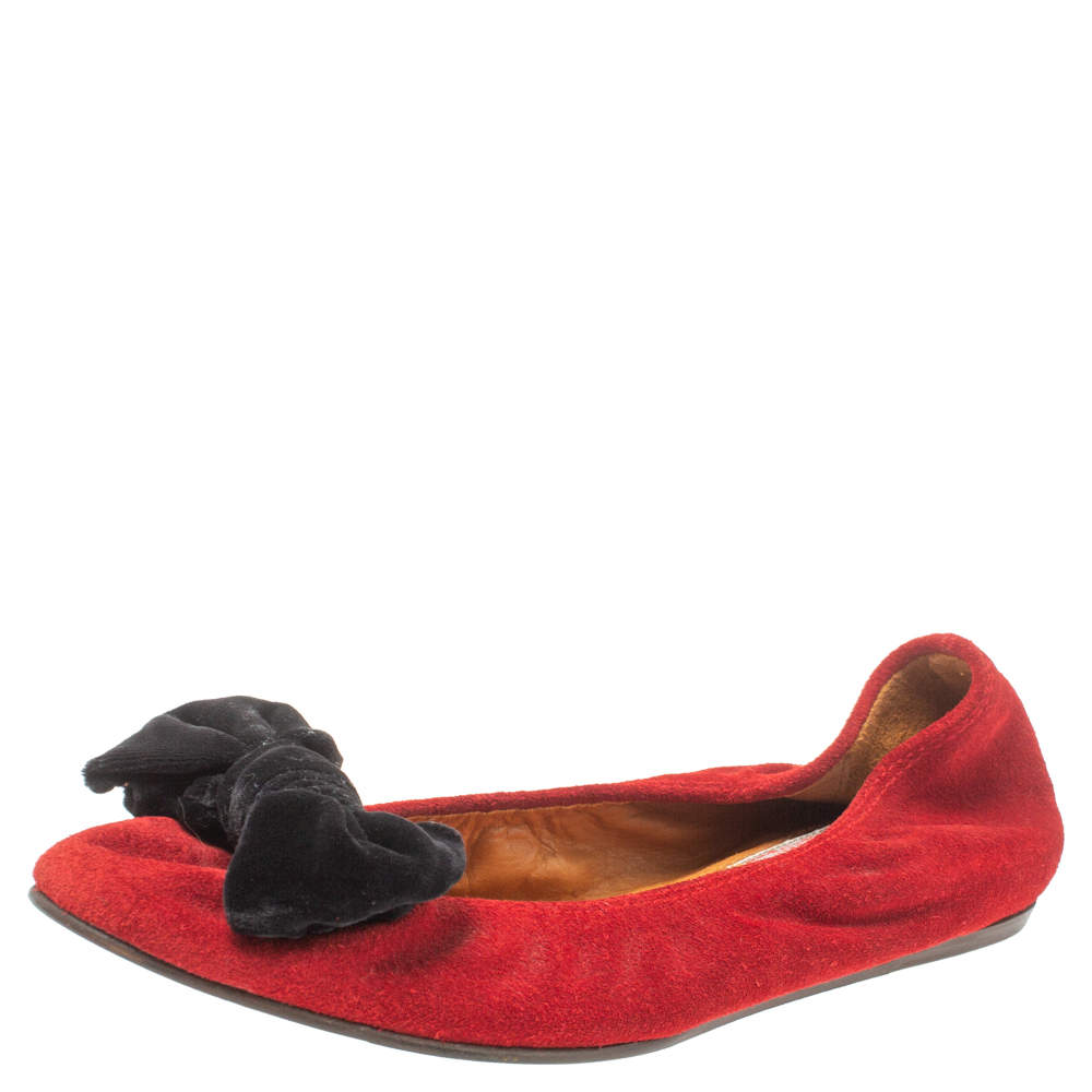 Pre Owned Lanvin Red Suede Leather Bow Scrunch Ballet Flats Size 38