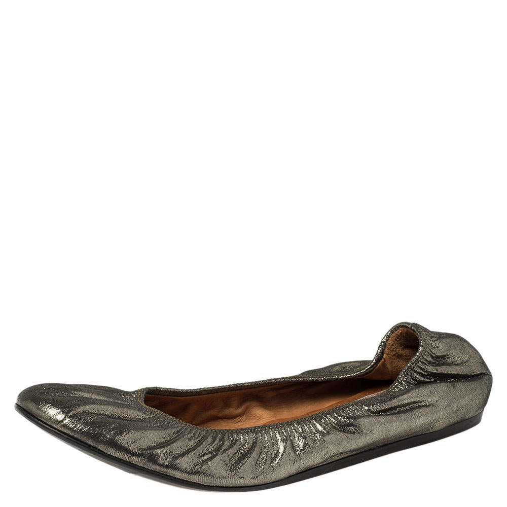 Pre Owned Lanvin Green Shimmery Fabric Scrunch Ballet Flats Size 38.5