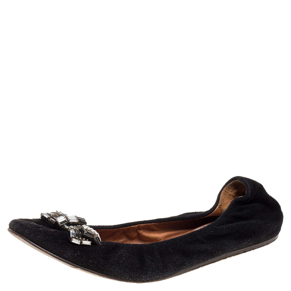 Pre Owned Lanvin Black Suede Crystal Embellished Ballet Flats Size 38