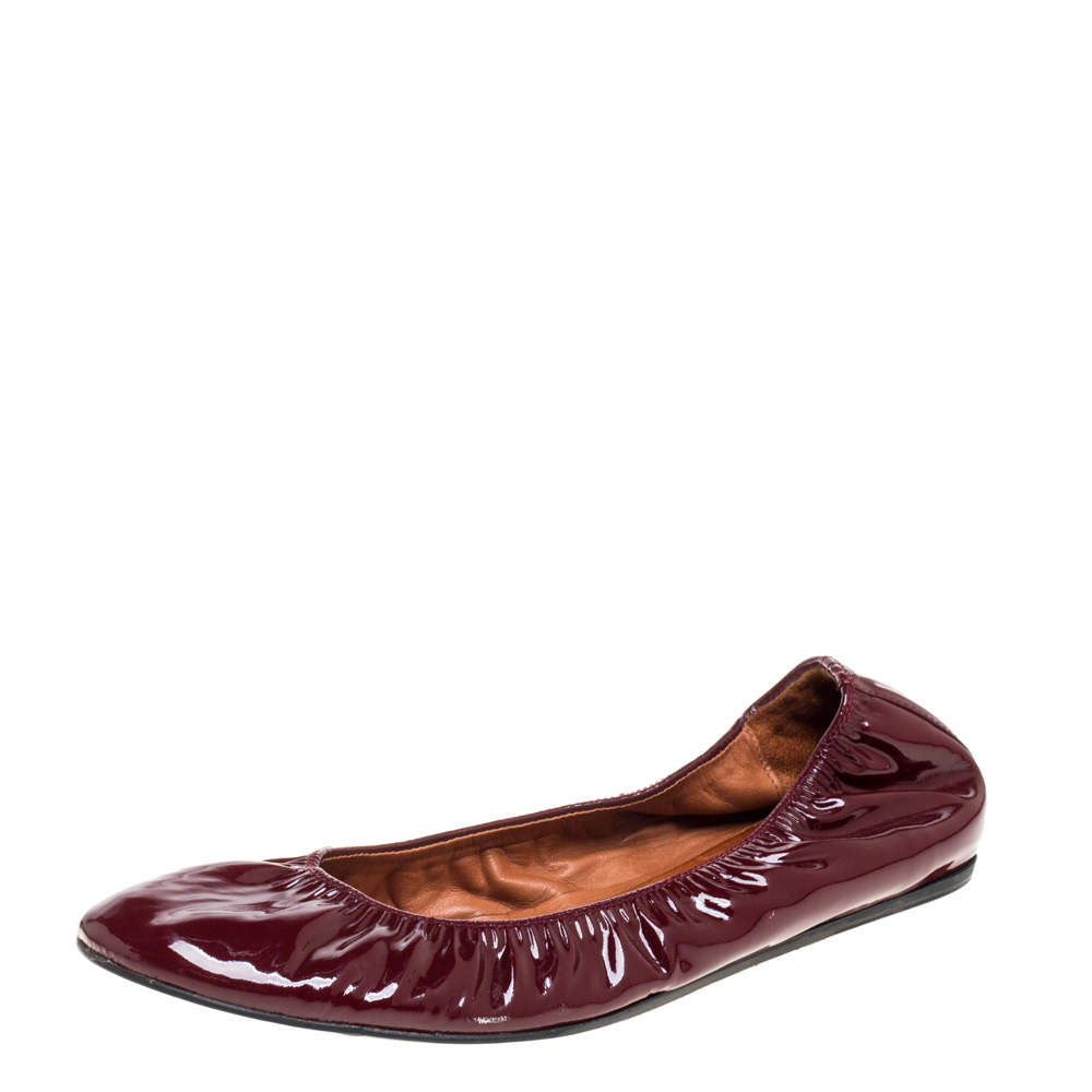Pre Owned Lanvin Burgundy Patent Leather Scrunch Ballet Flats Size 42