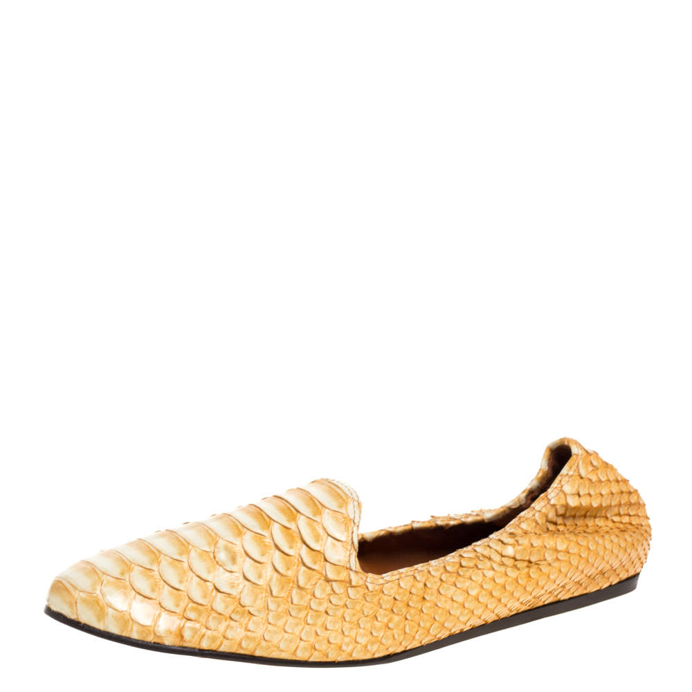 Pre Owned Lanvin Yellow Python Scrunch Smoking Slippers Size 40