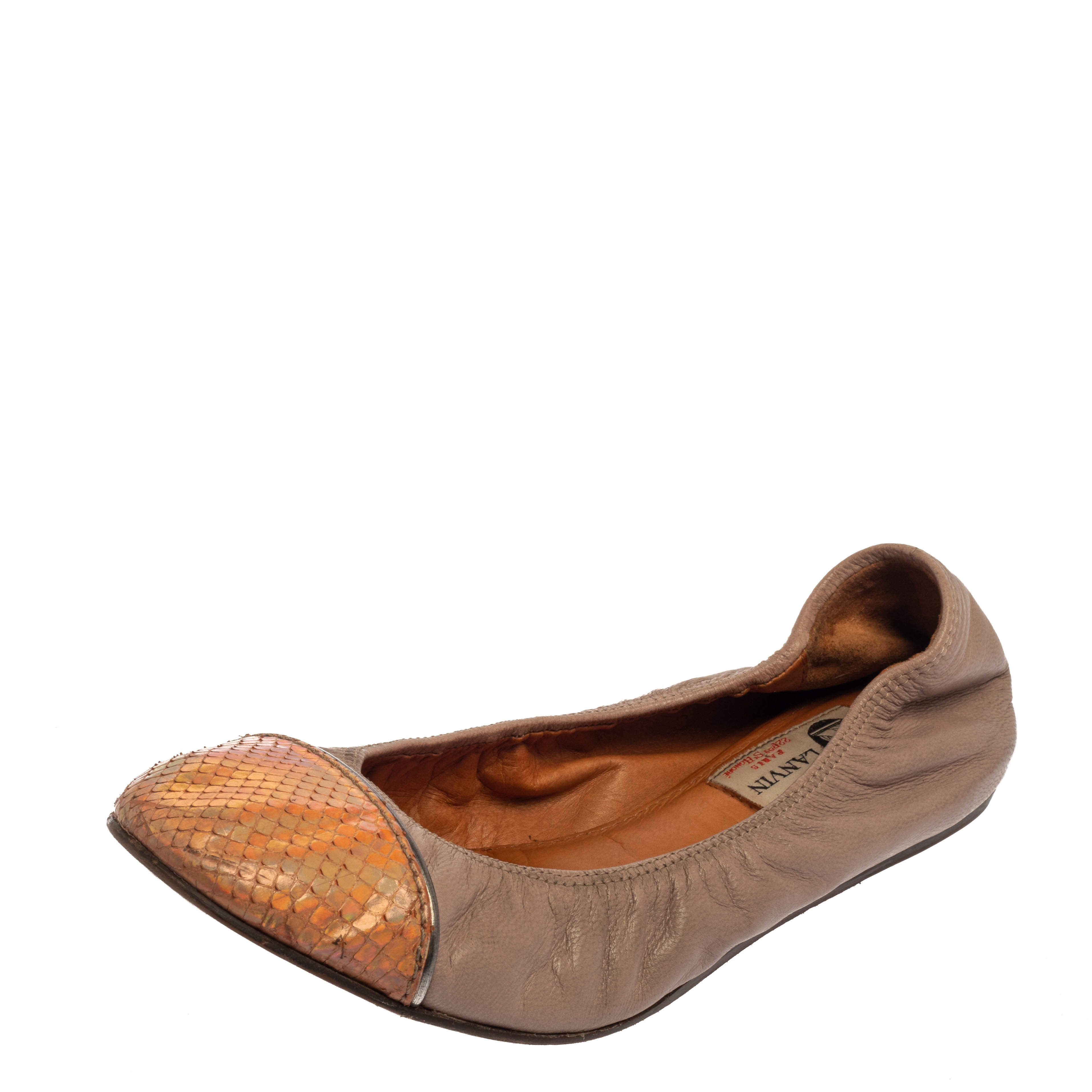 Pre Owned Lanvin Mauve Beige/Metallic Leather And Python Embossed Trim Cap Toe Ballet Flats 39