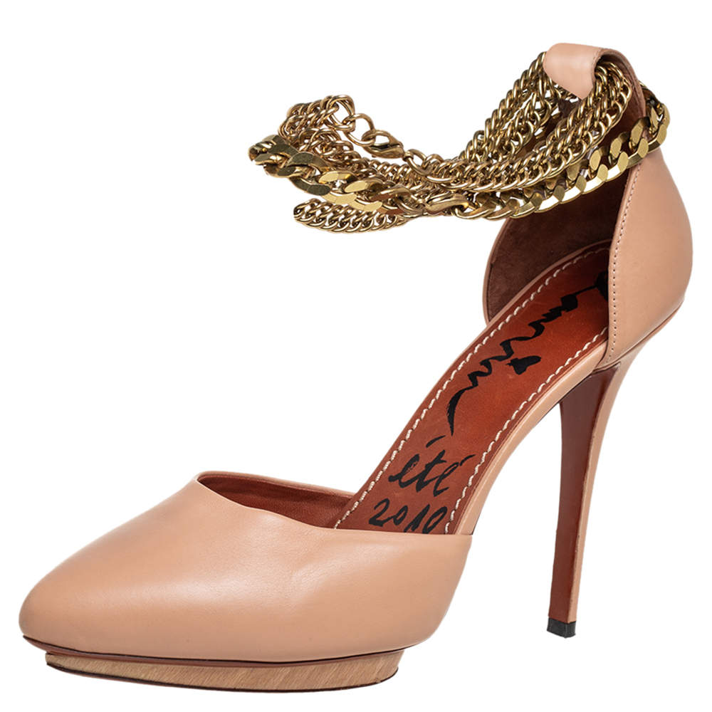 Pre Owned Lanvin Beige Leather Chain Ankle Strap D'orsay Platform Pumps Size 40
