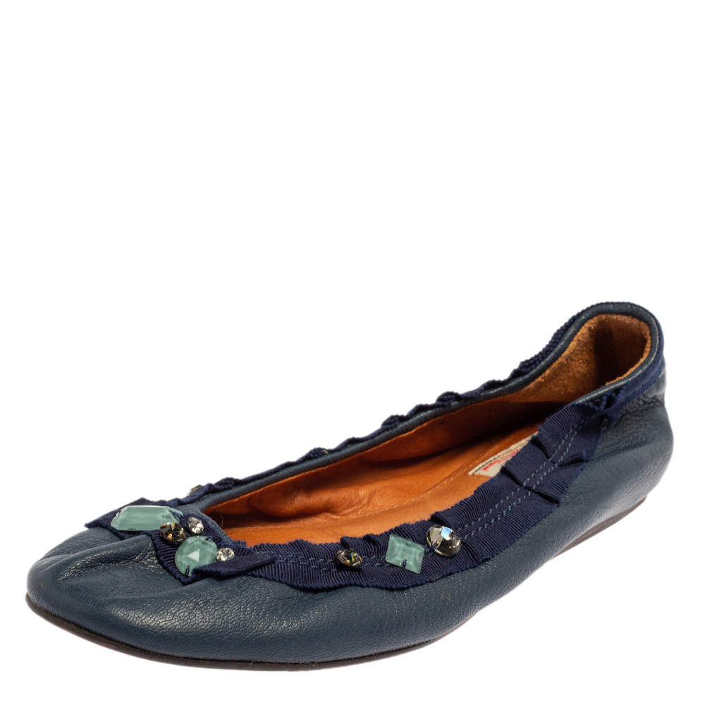 Pre Owned Lanvin Blue Leather/Fabric Embellished Ballet Flats Size 37