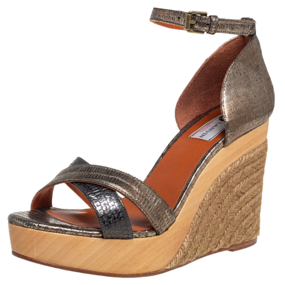 Pre Owned Lanvin Golden Metallic Leather Wedge Sandals Size 39
