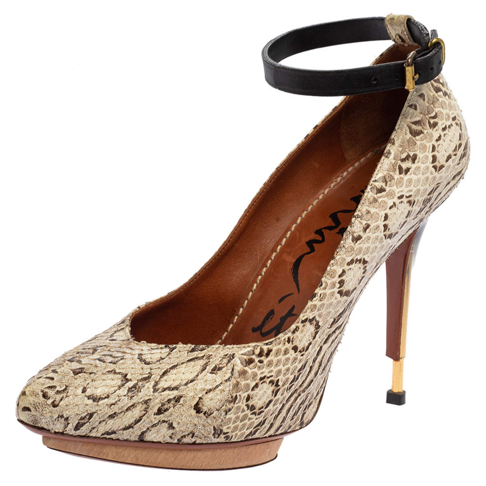 Pre Owned Lanvin White/Brown Snakeskin Leather Ankle Strap Pumps Size 36