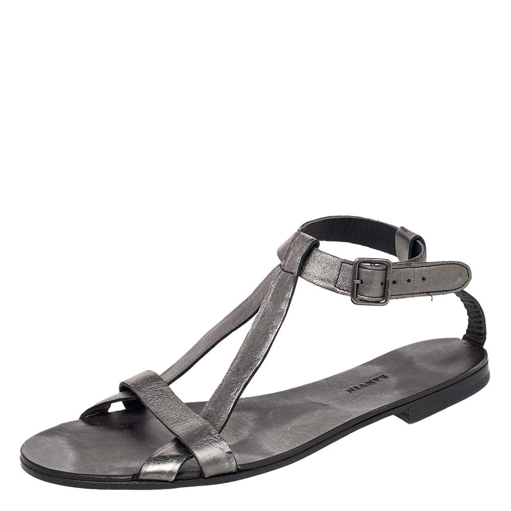Lanvin Metallic Grey Leather Ankle Strap Flat Sandals Size 40