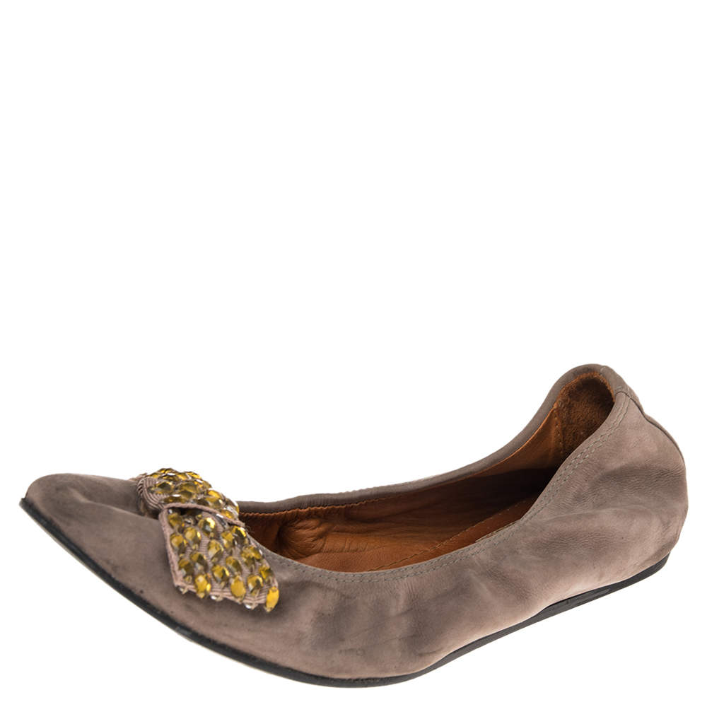 Pre Owned Lanvin Grey Suede Bow Scrunch Ballet Flats Size 39