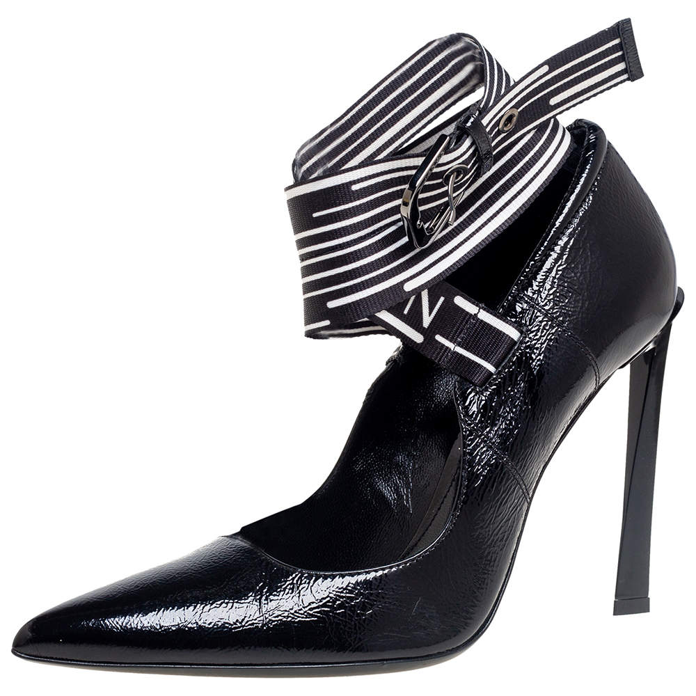 Pre Owned Lanvin Black Patent Leather Logo Slingback Pointed Toe Pumps Size 40