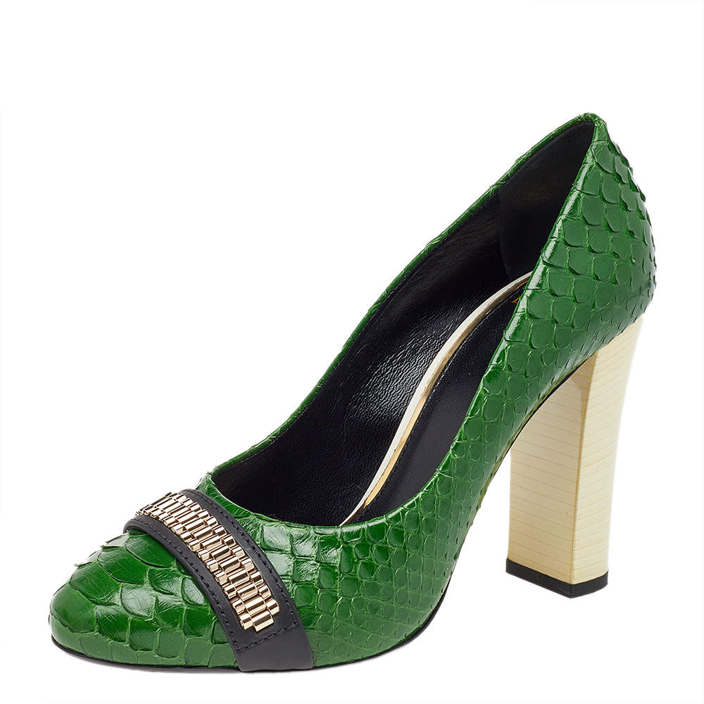 Pre Owned Lanvin Green Python Leather Embellished Block Heel Pumps Size 38