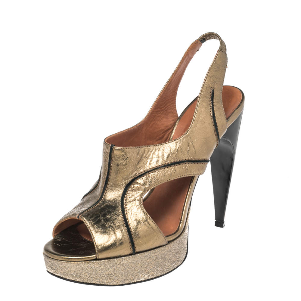 Lanvin Gold Leather Platform Slingback Sandals Size 38.5