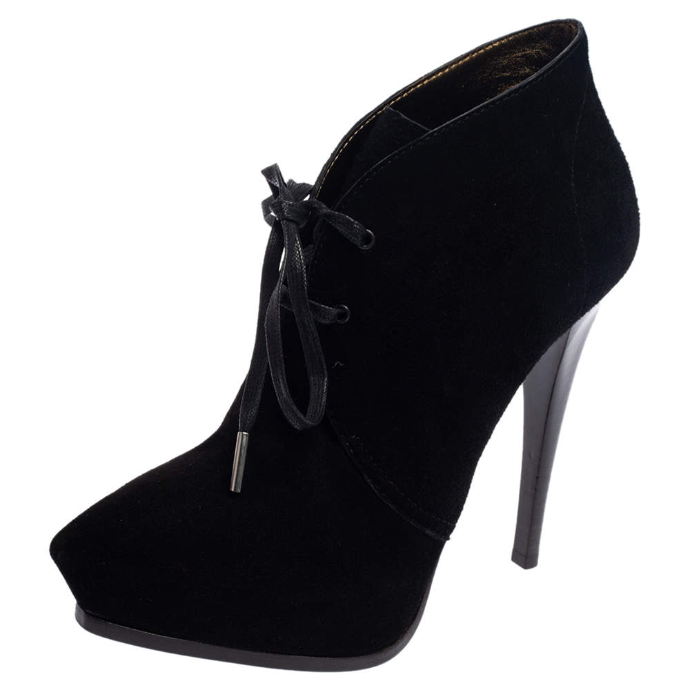 Pre Owned Lanvin Black Suede Lace Up Booties Size 38.5