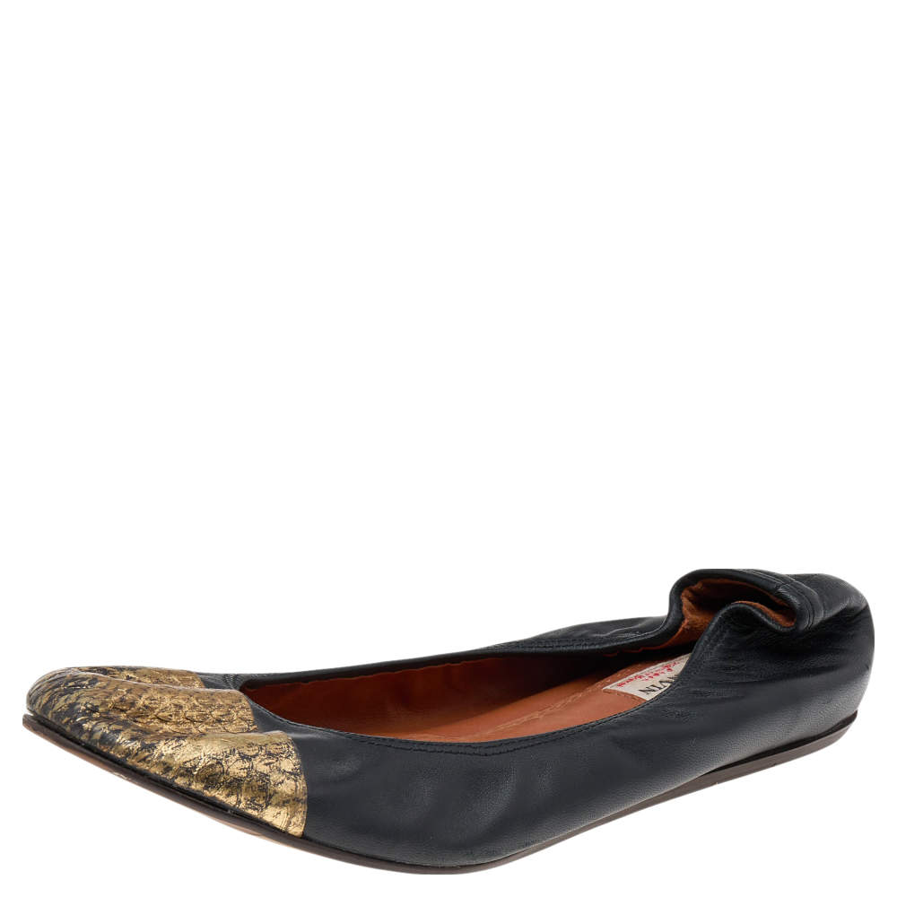 Pre Owned Lanvin Black/Gold Python and Leather Ballet Flats Size 40.5