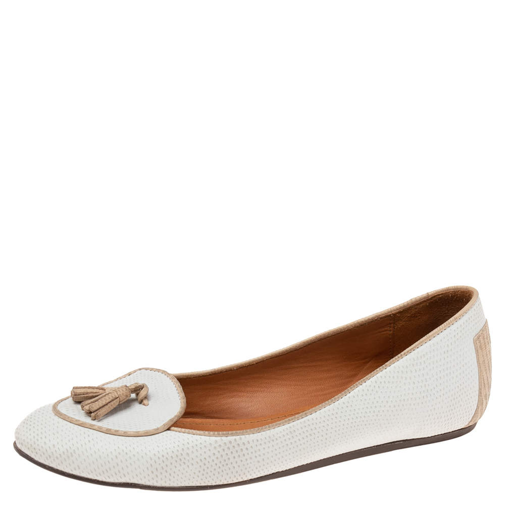 Pre Owned Lanvin White Embossed and Lizard Embossed Leather Tassel Detail Slip-on Loafers Size 37.5