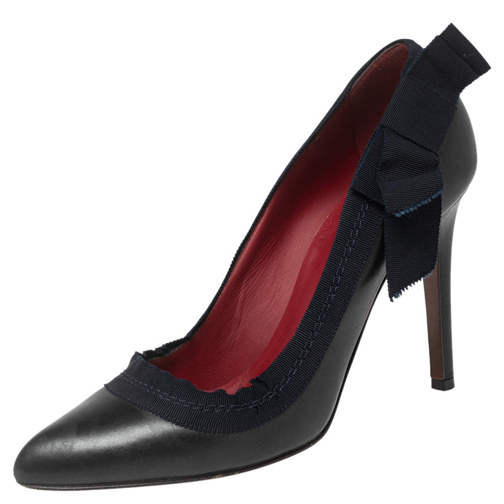 Pre Owned Lanvin Black/Navy Blue Leather and Ribbon Bow Pumps Size 38