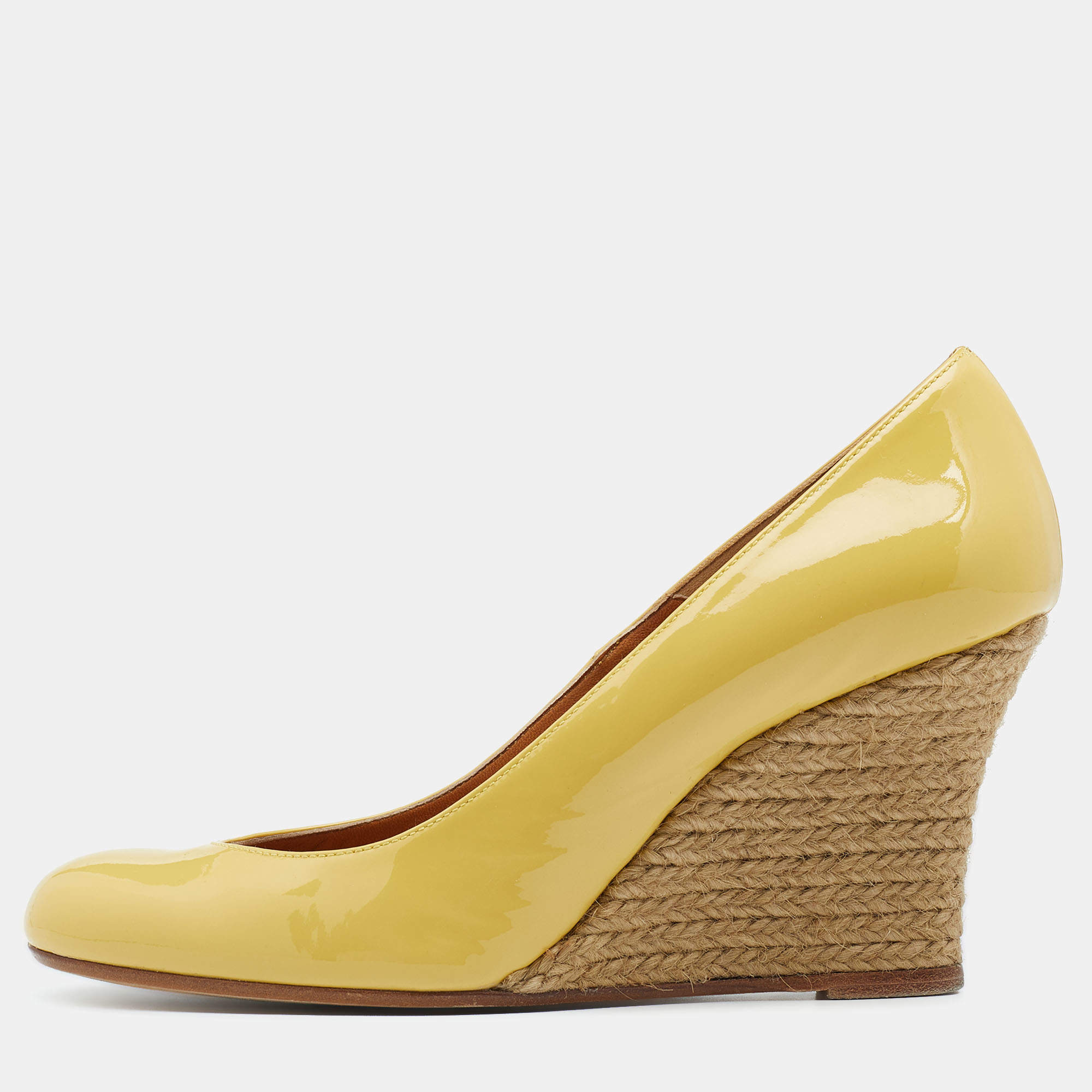 Pre Owned Lanvin Yellow Patent Leather Wedge Pumps Size 37