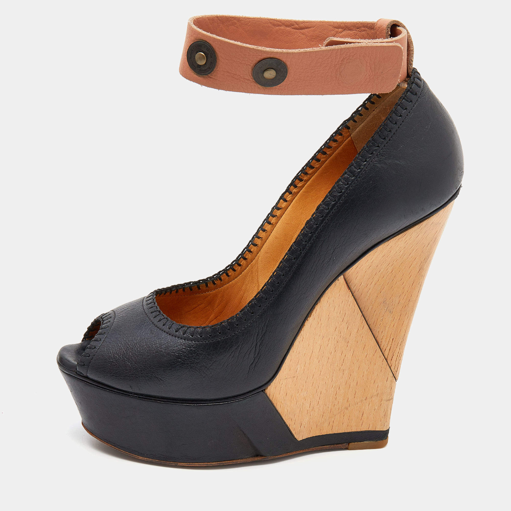 Pre Owned Lanvin Black/Beige Leather Wedge Platform Ankle Cuff Pumps Size 39