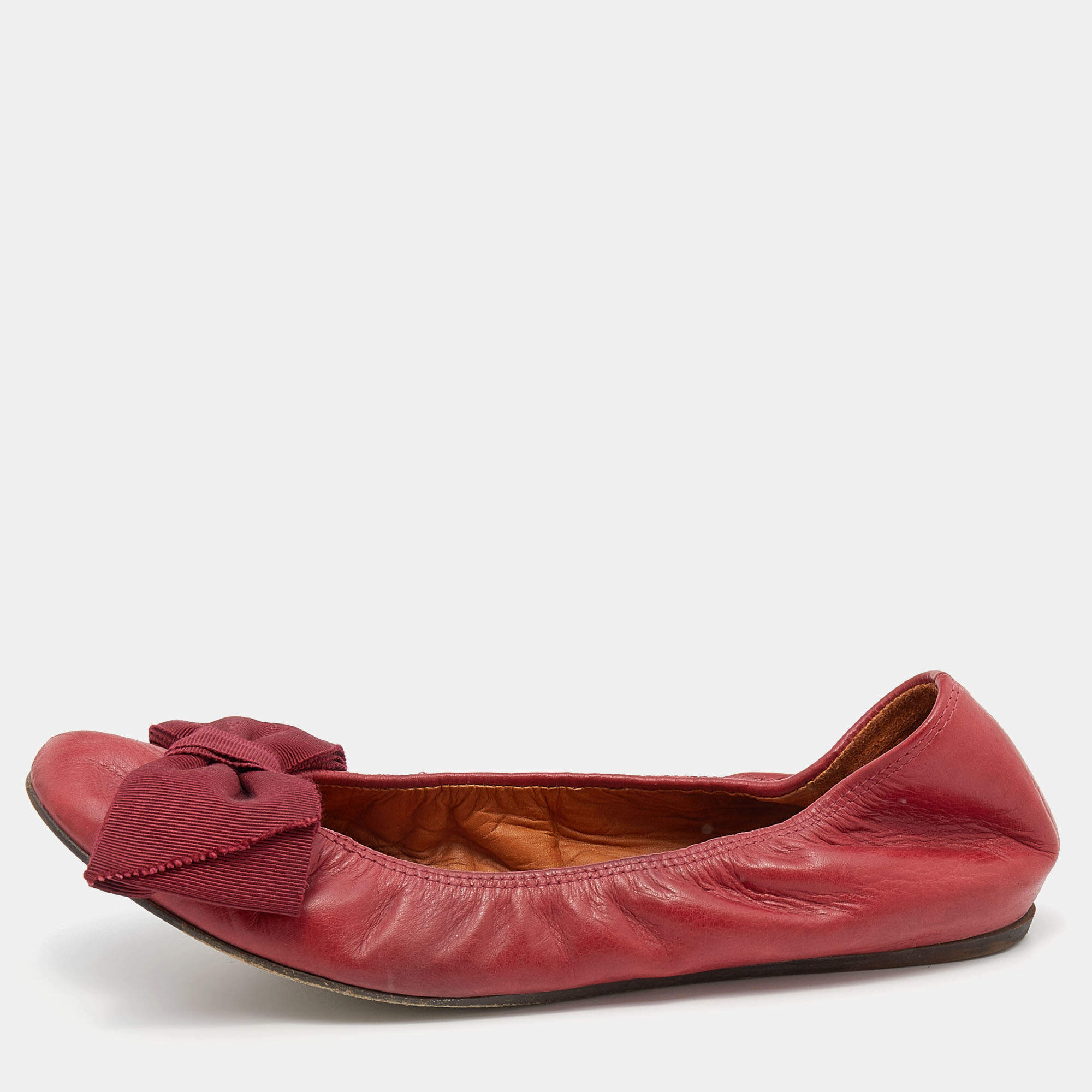 Pre Owned Lanvin Burgundy Leather Bow Scrunch Ballet Flats Size 39