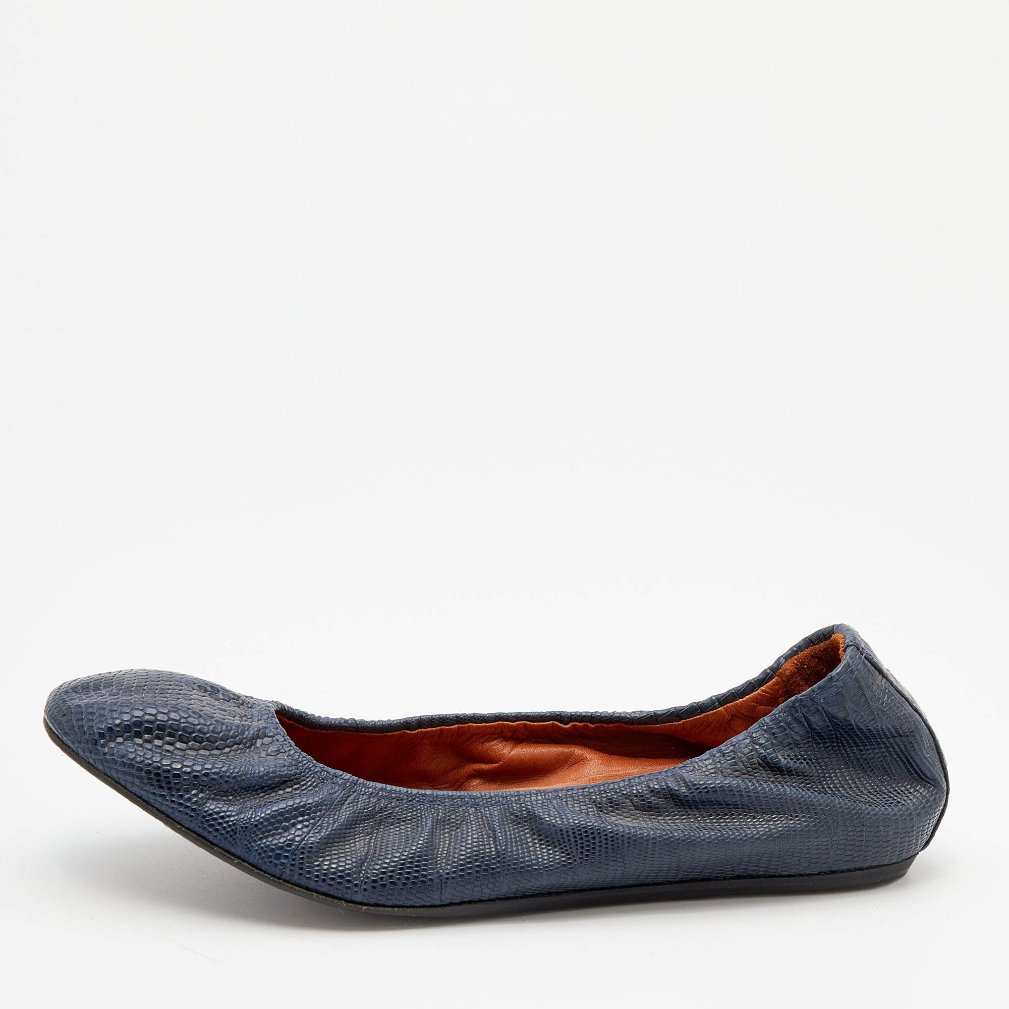 Pre Owned Lanvin Blue Snakeskin Embossed Leather Scrunch Ballet Flats Size 39