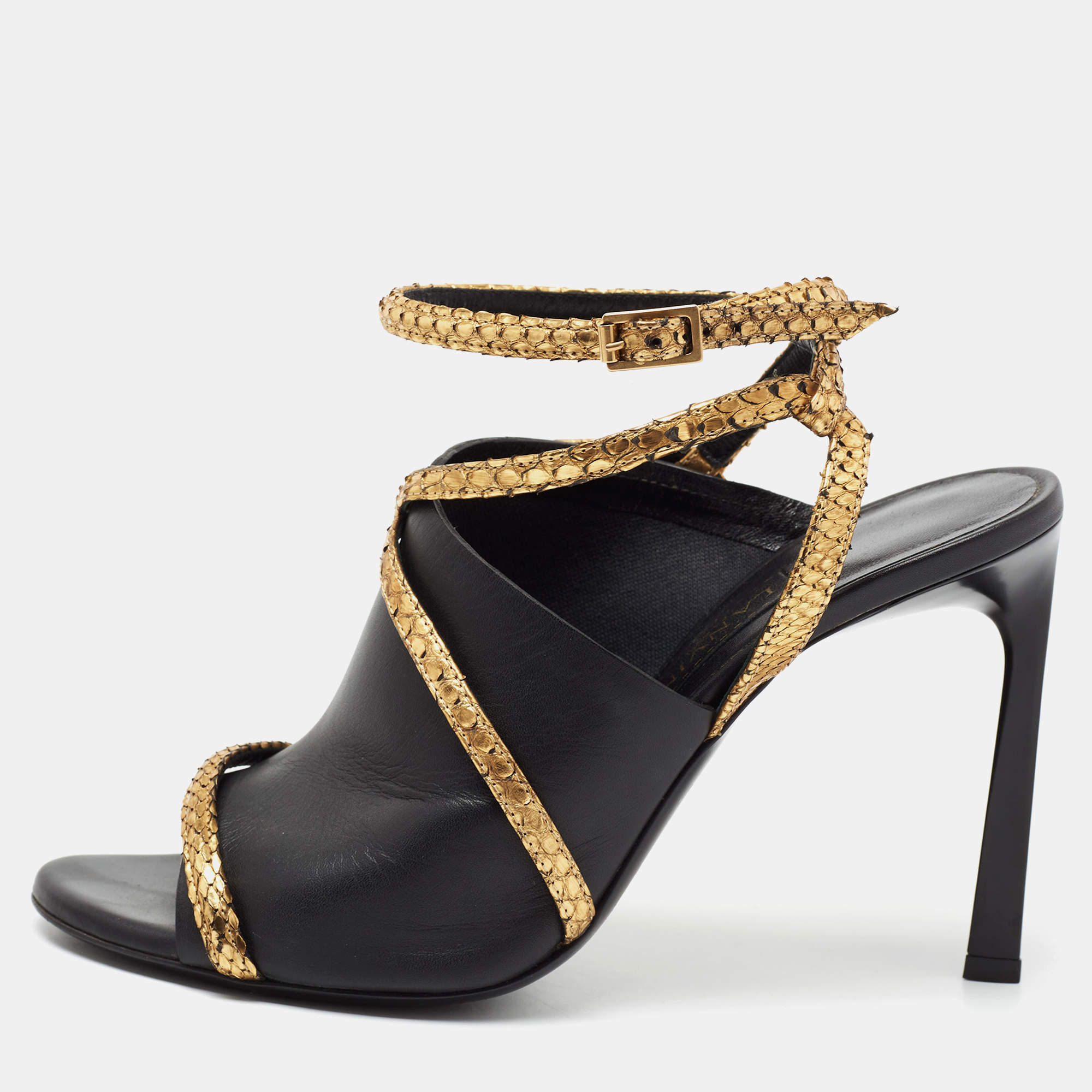 Pre Owned Lanvin Black/Gold Leather and Embossed Snakeskin Trim Ankle-Strap Sandals Size 38