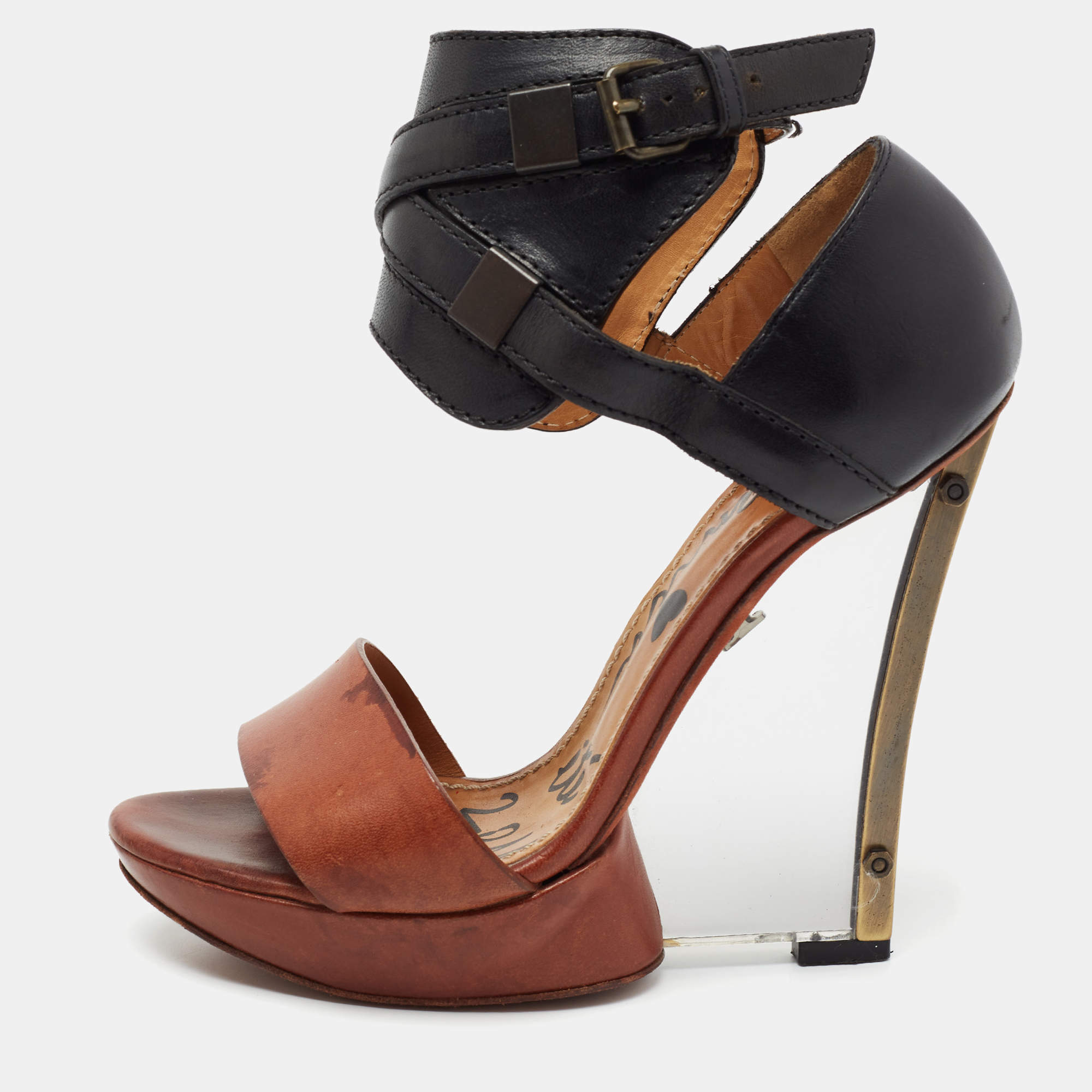 Lanvin Black/Brown Leather Ankle Strap Wedge Sandals Size 37