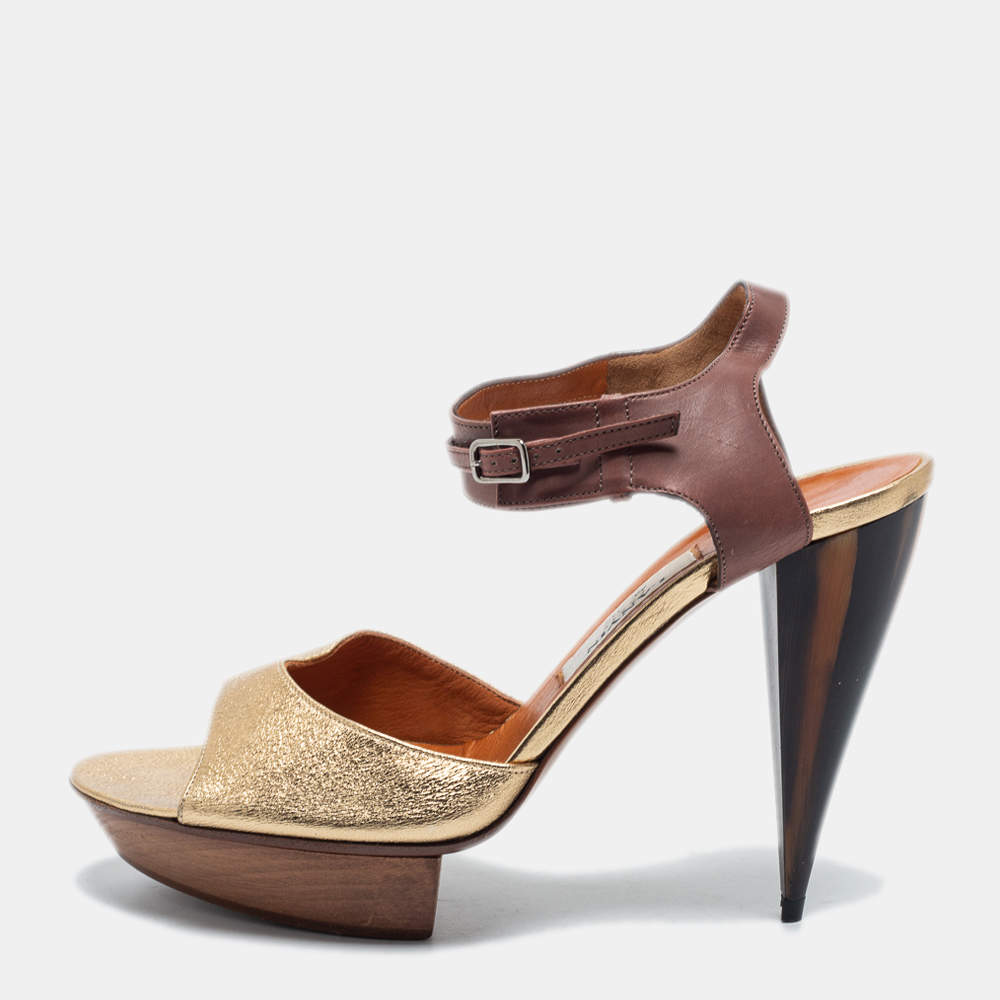 Lanvin Gold/Brown Leather Ankle Strap Sandals Size 40