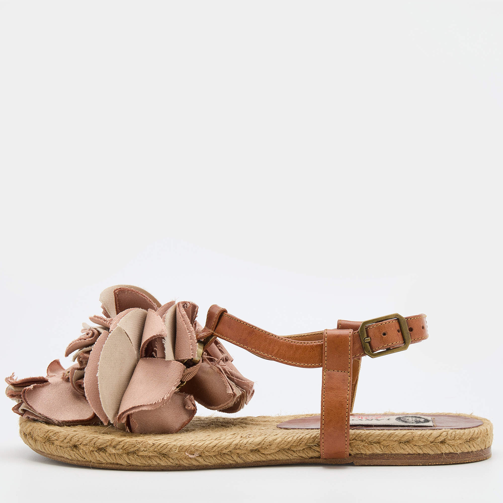 Pre Owned Lanvin Pink/Brown Satin and Leather Flower T Strap Espadrille Flats Size 38