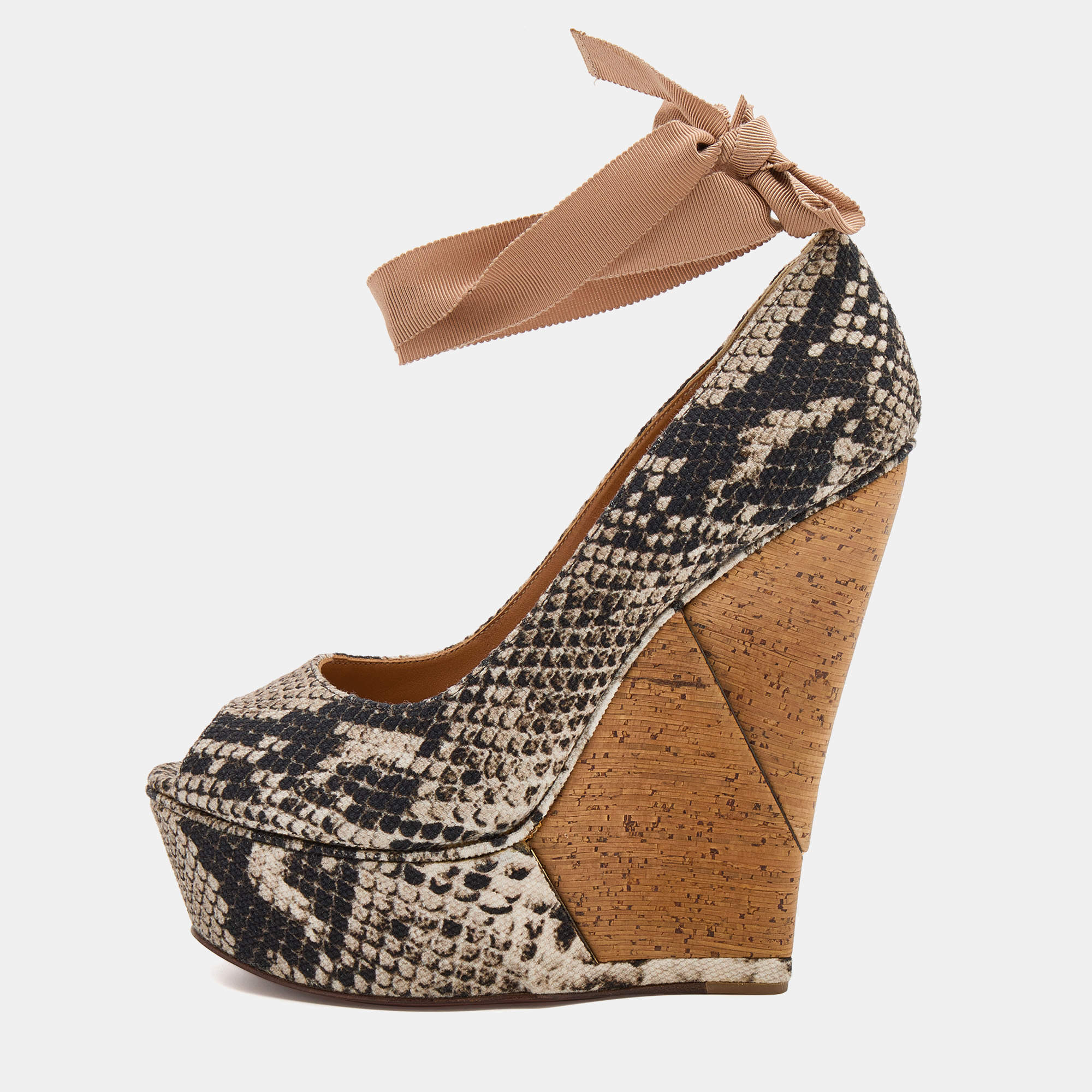 Pre Owned Lanvin Black/White Python Print Canvas Wedge Platform Ankle Wrap Pumps Size 37