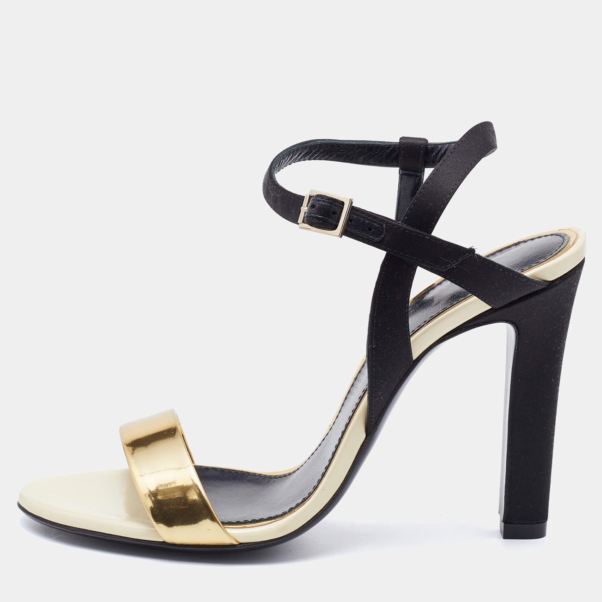 Pre Owned Lanvin Gold/Black Leather and Satin Ankle Strap Sandals Size 37