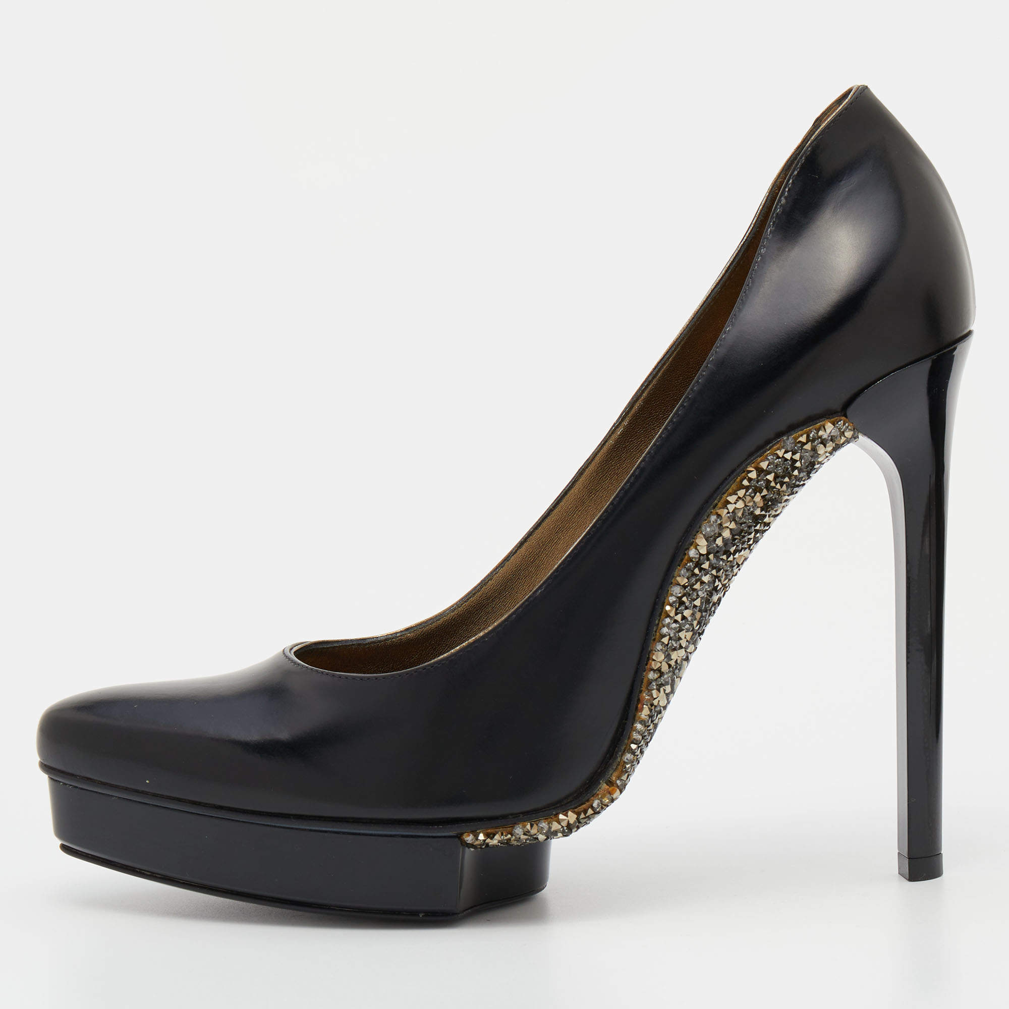 Pre Owned Lanvin Black Leather Embellished Pointed Toe Pumps Size 39