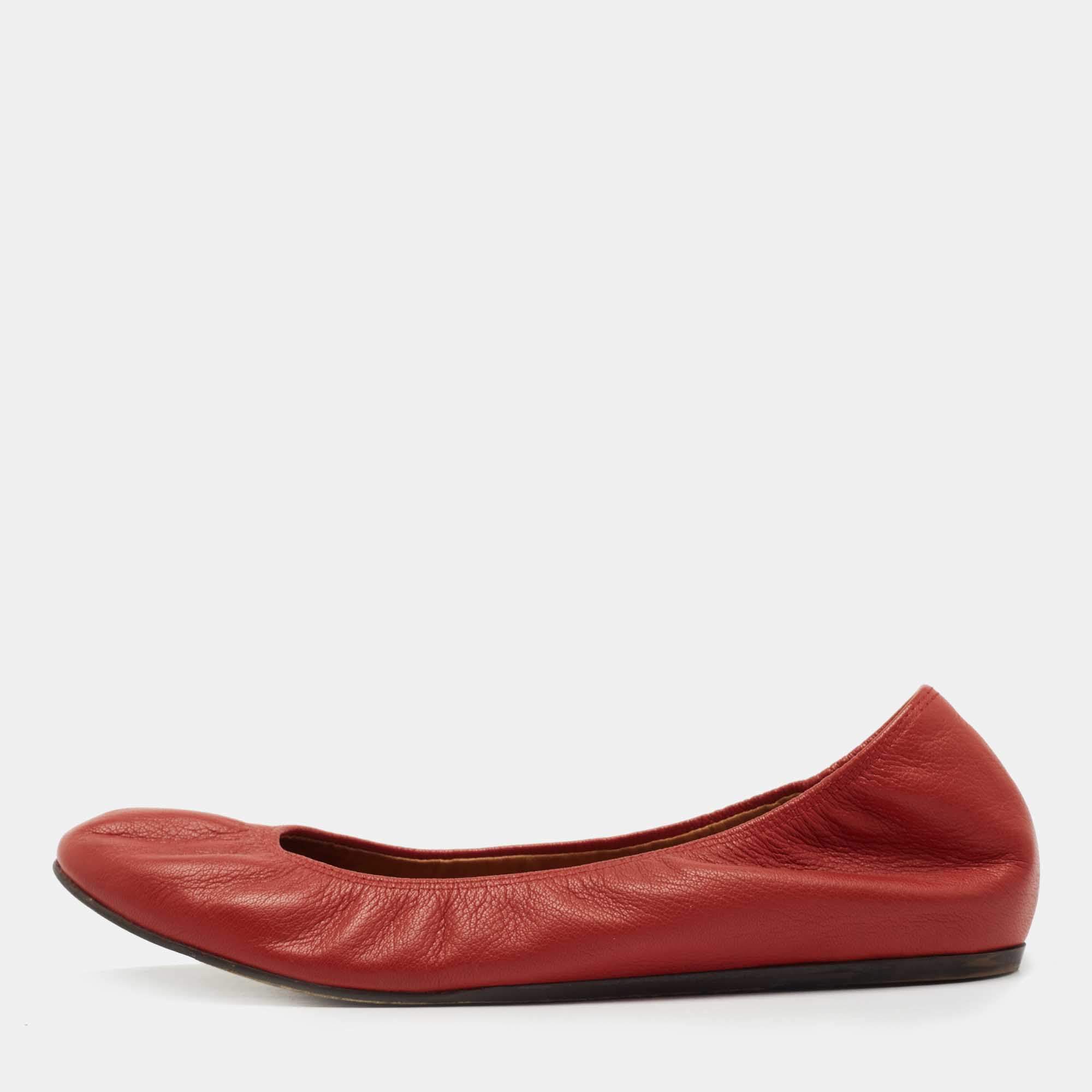 Pre Owned Lanvin Red Leather Scrunch Ballet Flats Size 40