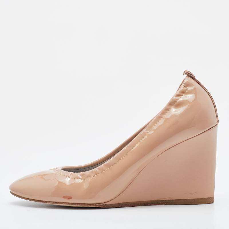 Pre Owned Lanvin Beige Patent Leather Wedge Pumps Size 37