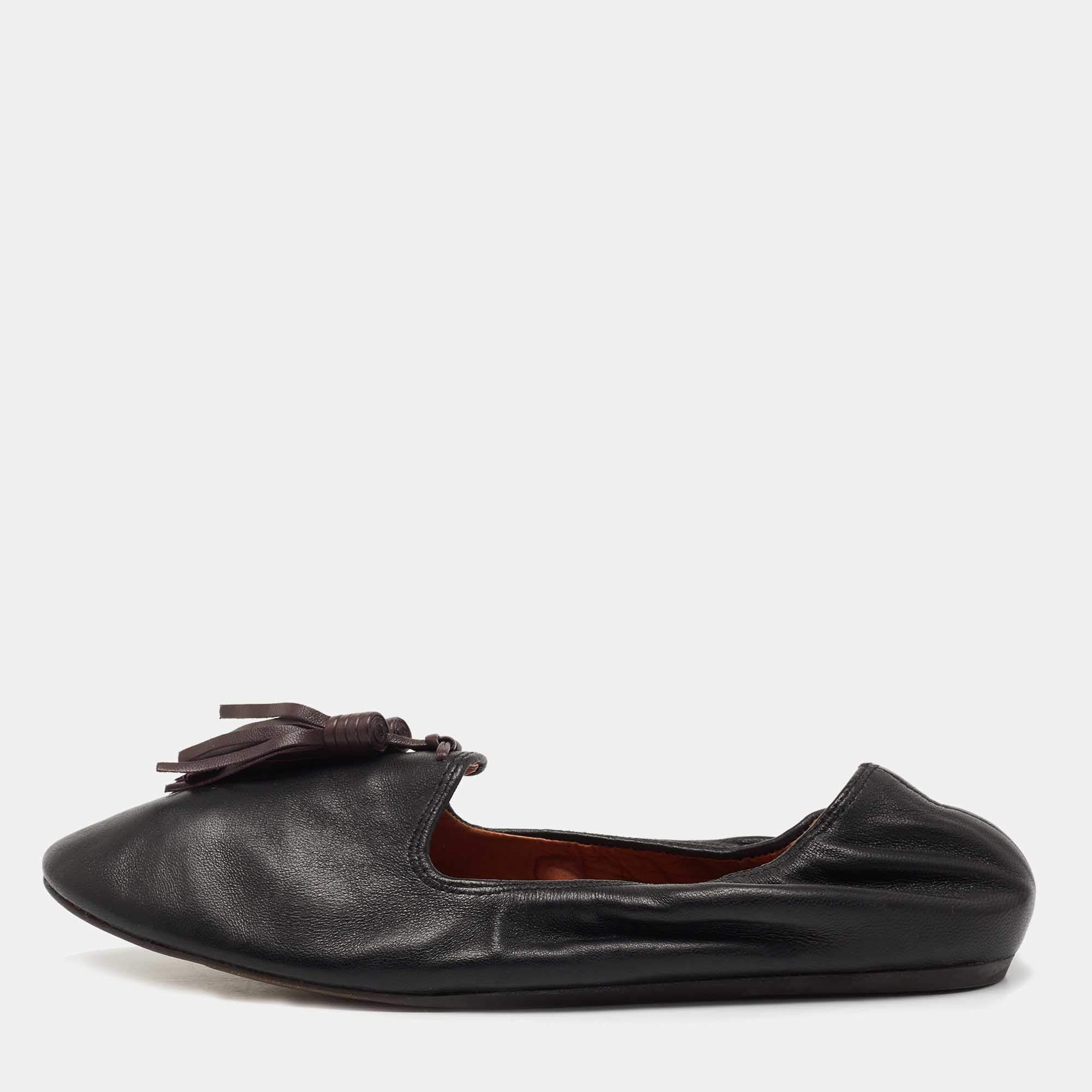 Pre Owned Lanvin Black Leather Tassel Scrunch Smoking Slippers Size 38