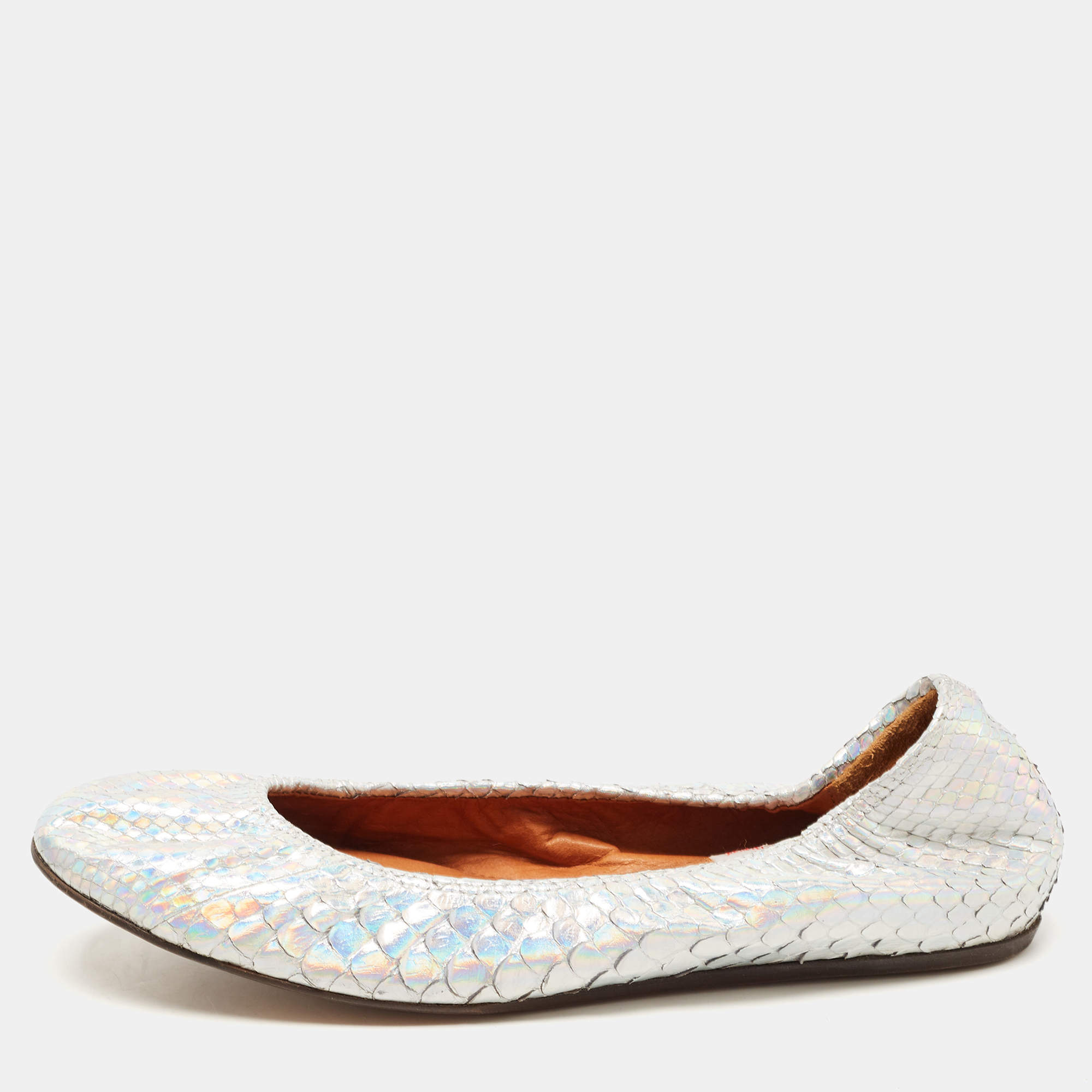 Pre Owned Lanvin Silver Python Embossed Leather Scrunch Ballet Flats Size 38.5