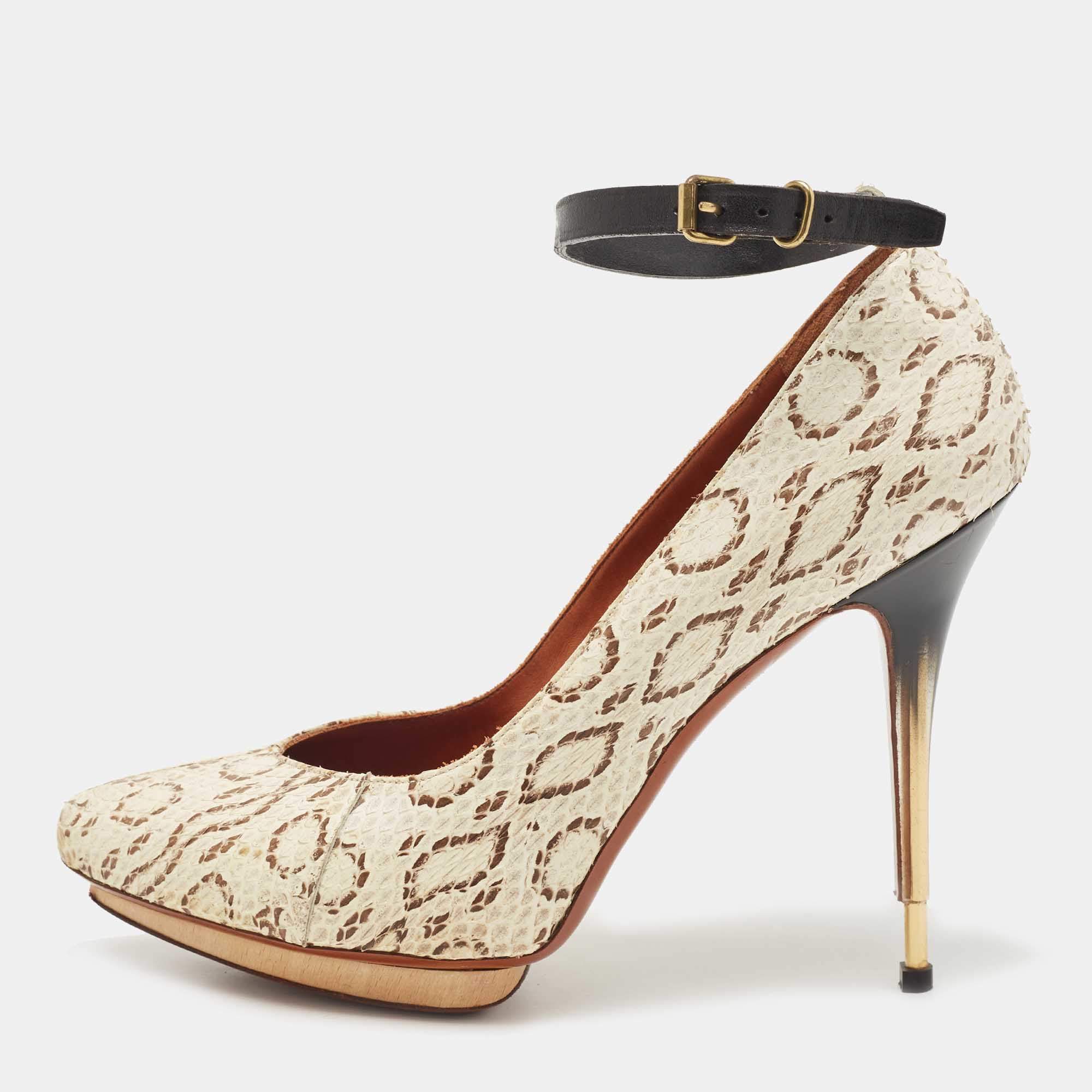 Pre Owned Lanvin Cream/Black Python Leather Ankle Strap Pumps Size 38.5