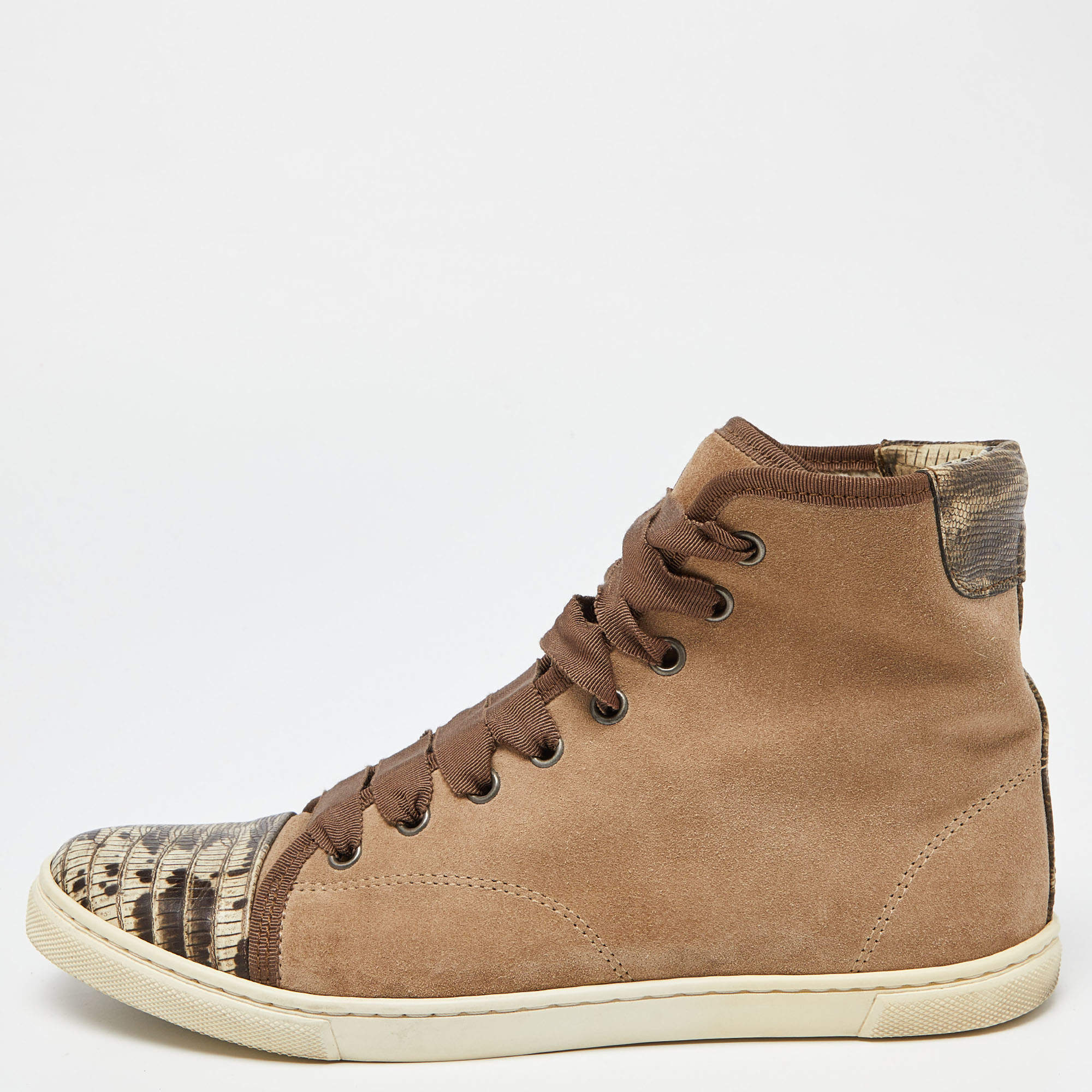 Pre Owned Lanvin Brown Suede and Lizard Embossed Leather High Top Sneakers Size 38