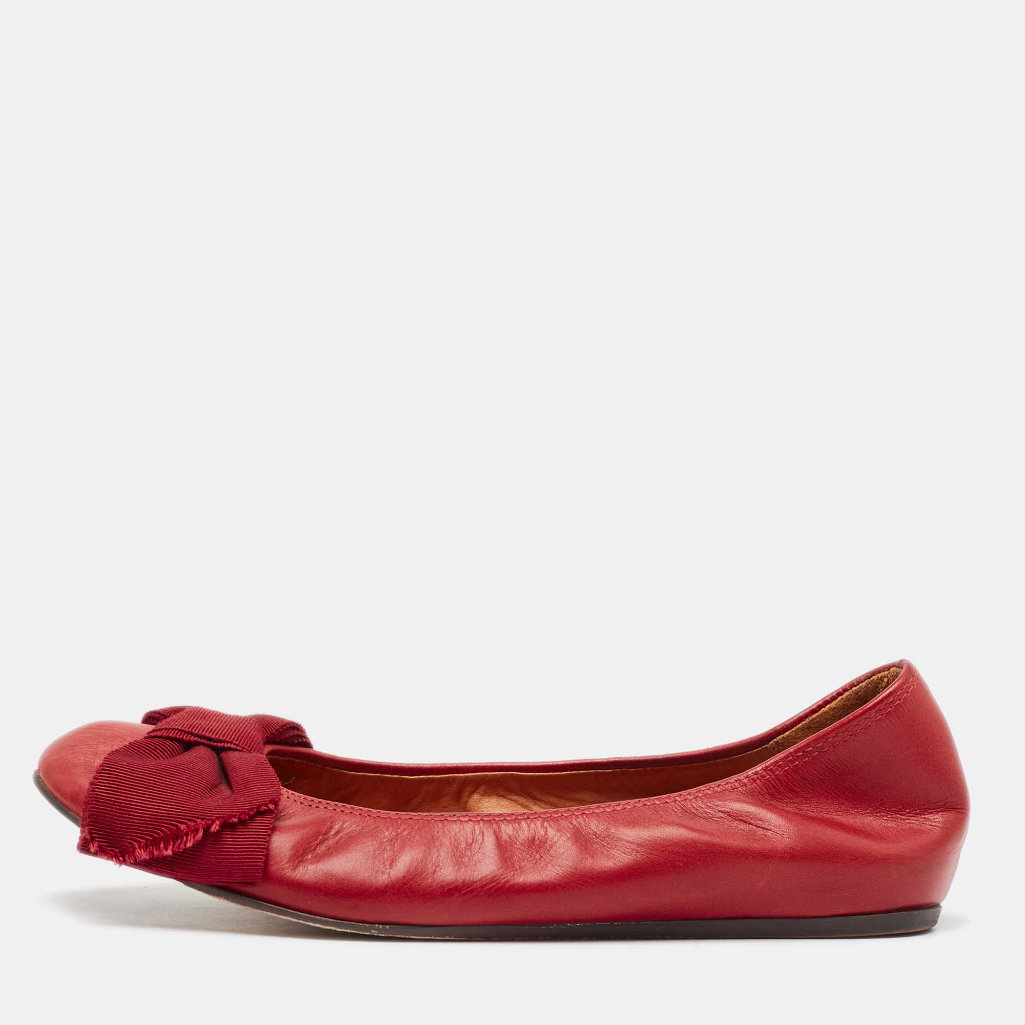 Lanvin Burgundy Leather Bow Ballet Flats Size 38