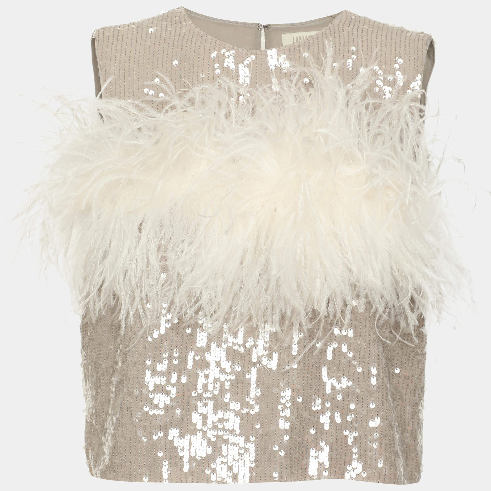 مملوكة مسبقًا Lapointe Grey/White Sequin and Ostrich Feather Sleeveless Crop Top S