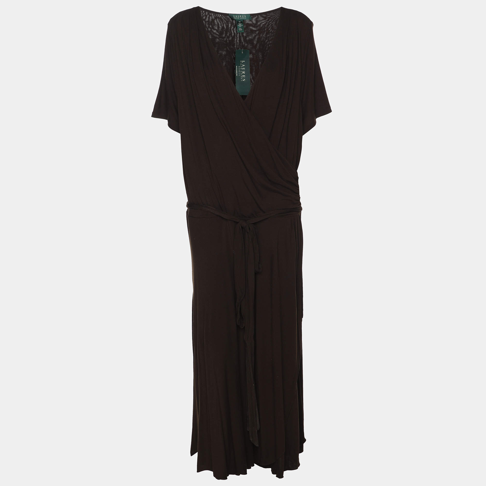 Pre Owned Lauren Ralph Lauren Choco Brown Jersey Belted Midi Dress XXXL