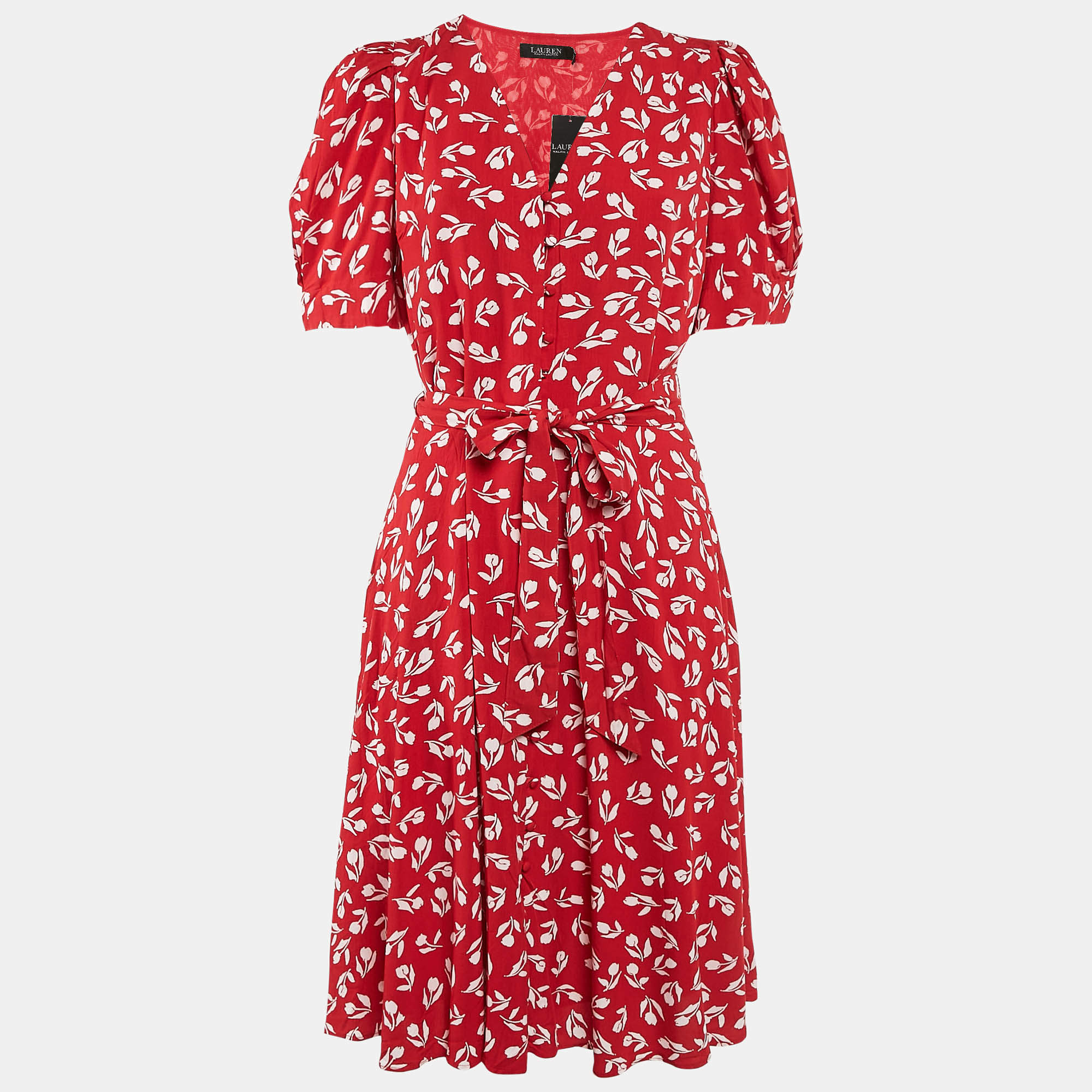 Pre Owned Lauren Ralph Lauren Red Floral Print Crepe V-Neck Short Dress M