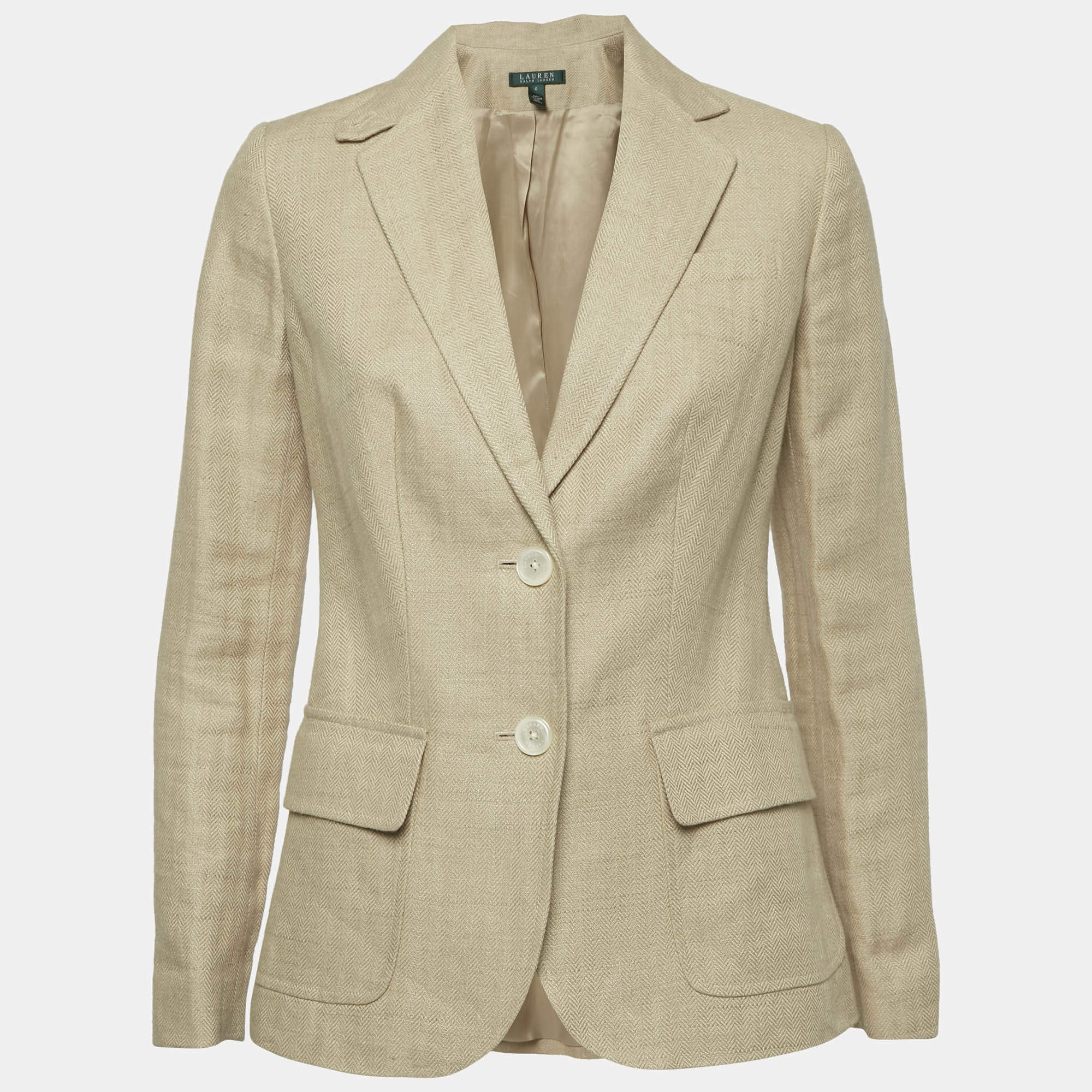 Pre Owned \سترة من اللينين بنمط هيرنج بون بلون بيج من لورين رالف لورين مقاس صغير جدًا ( اكس سمول )