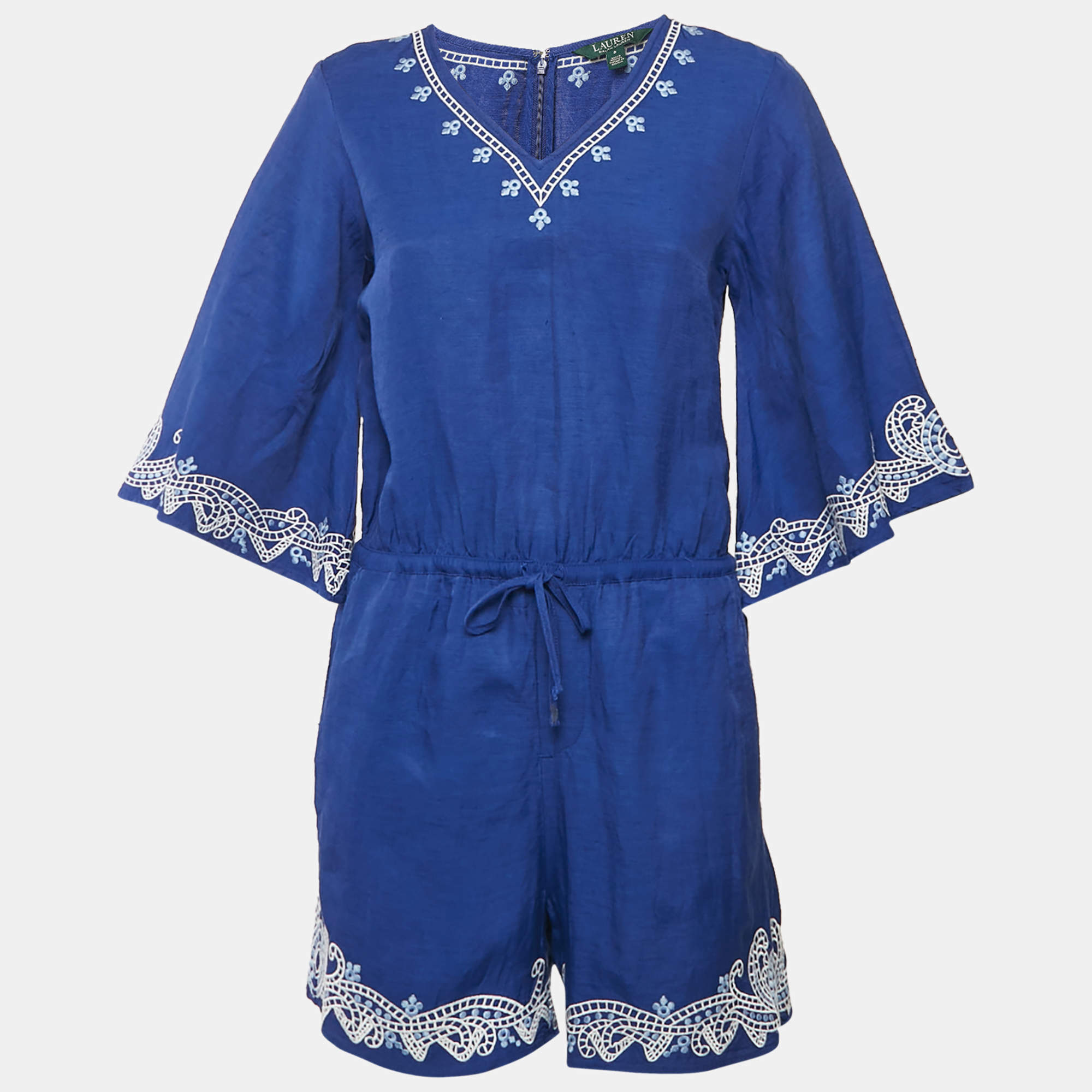 Lauren Ralph Lauren Blue Embroidered Linen Blend Playsuit S