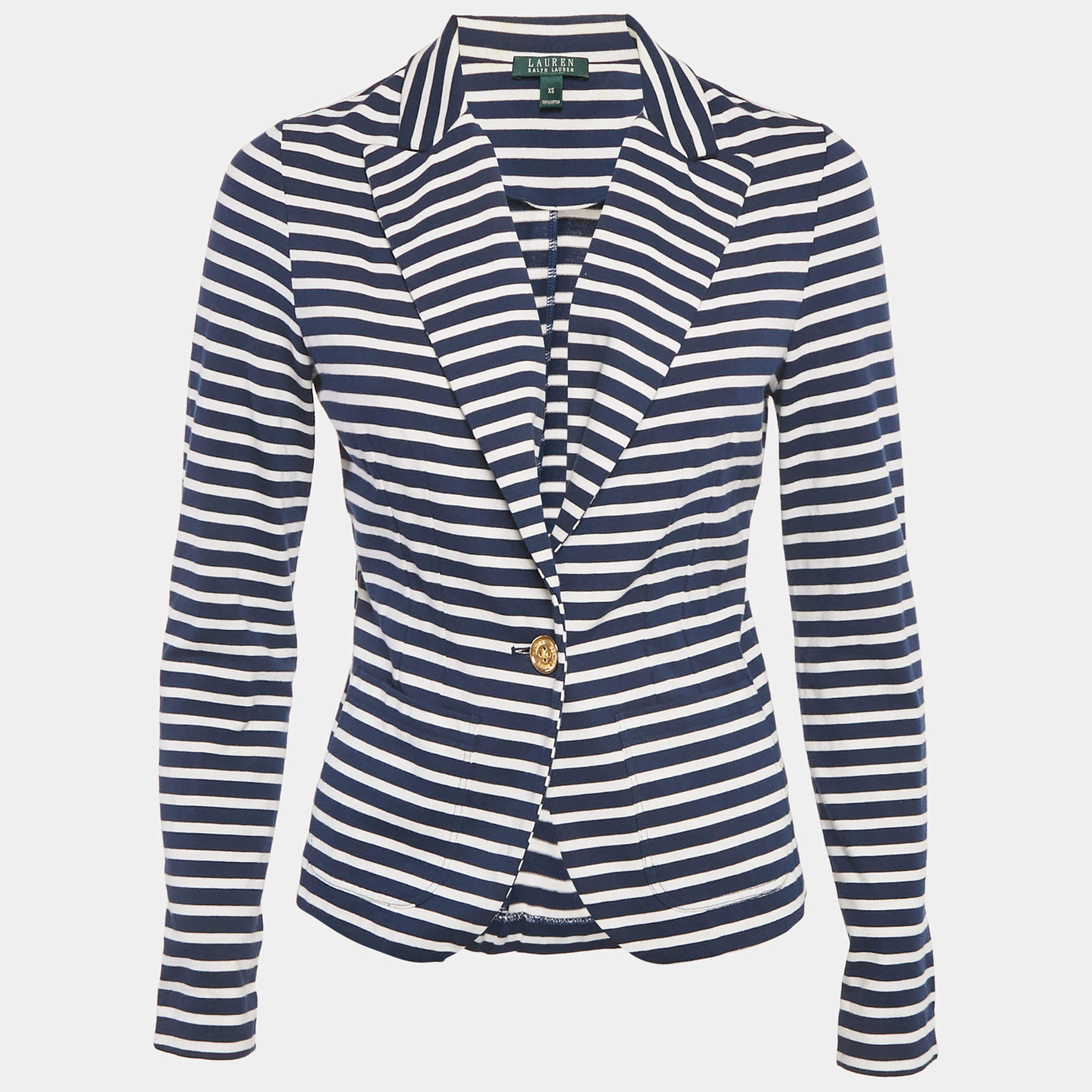 Pre Owned Lauren Ralph Lauren Navy Blue Stripe Cotton Knit  Jacket XS