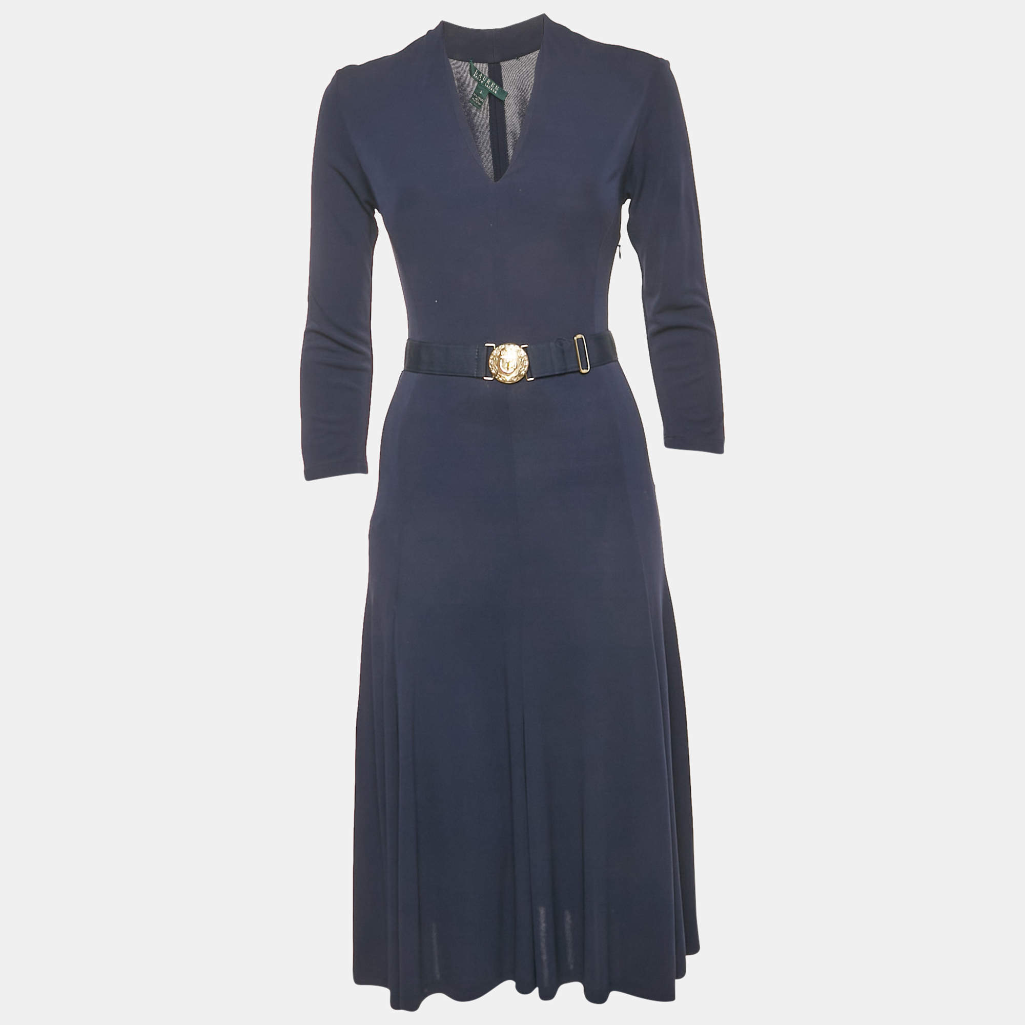 Pre Owned Lauren Ralph Lauren Navy Blue Jersey Belted V-Neck Midi Dress S