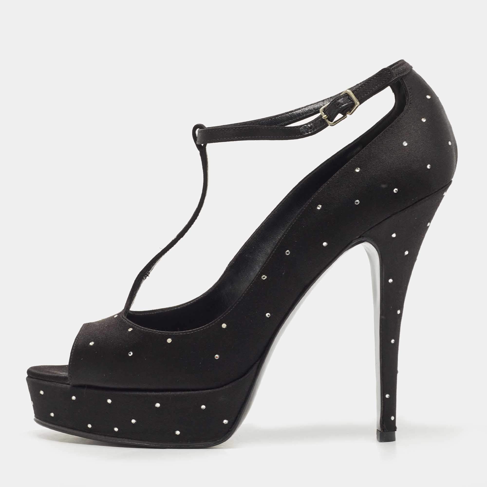 Pre Owned Laurence Dacade Black Satin Crystal Peep Toe  T-Strap Pumps Size 38.5